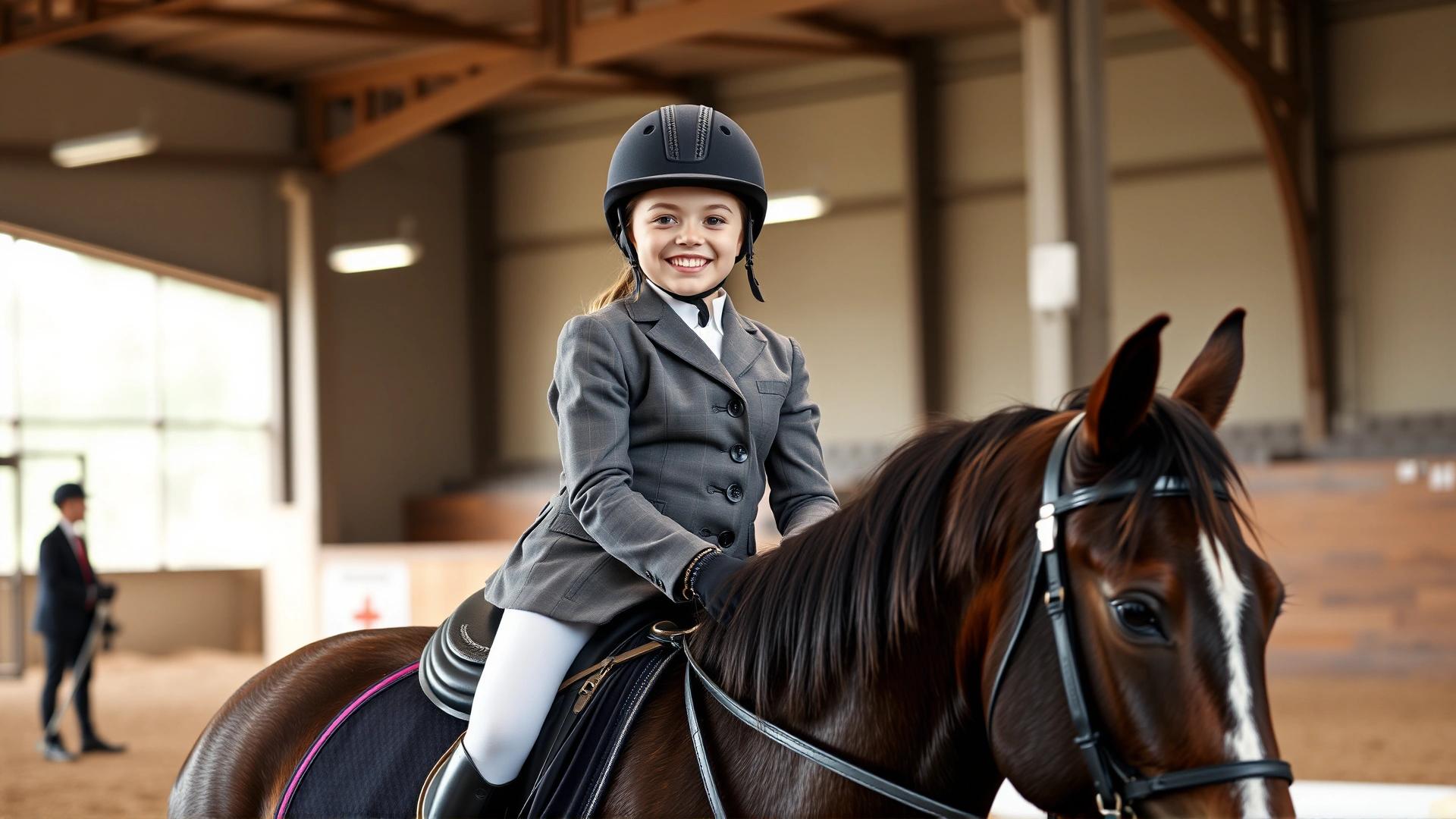 Smiling young rider in show attire taking a lesson on a German Riding Pony inside an arena, instructor visible in background