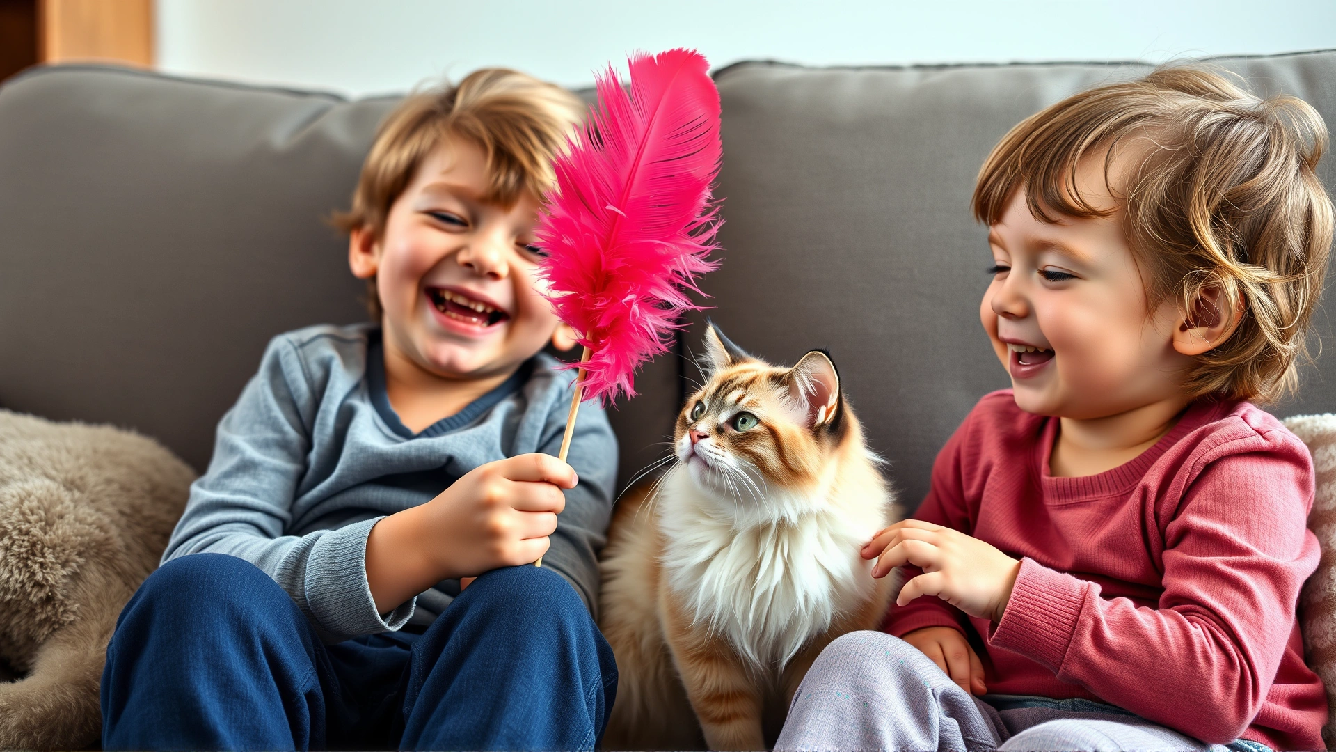 A candid photo of two young children laughing as they play with a feather wand in front of a calm Birman cat on a couch, capturing positive interaction.