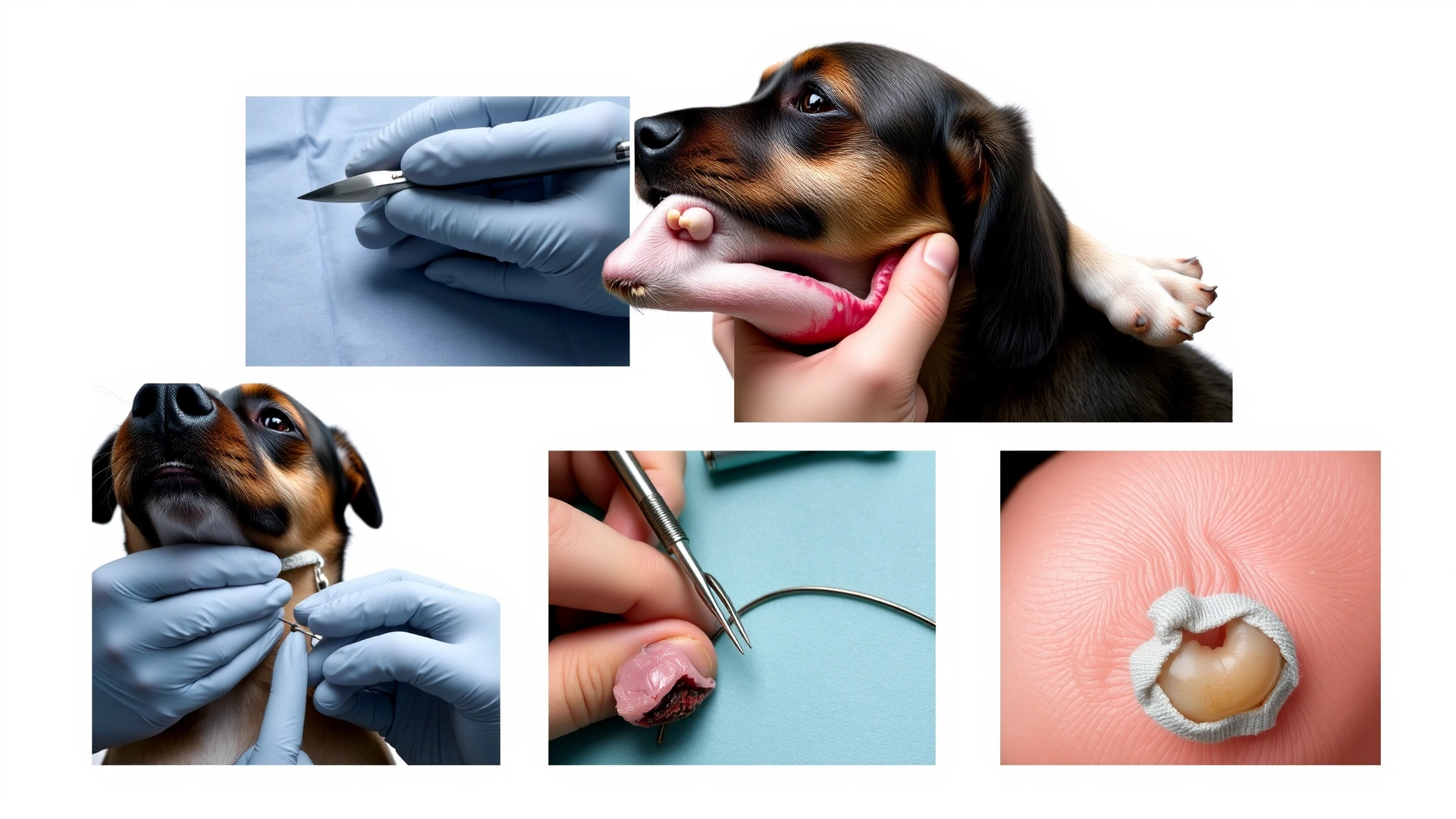 A collage of five small photos showing: dog dental cleaning, spay surgery preparation, dewclaw removal, gastropexy suturing, and small skin lump removal — arranged on a neutral background, no text.