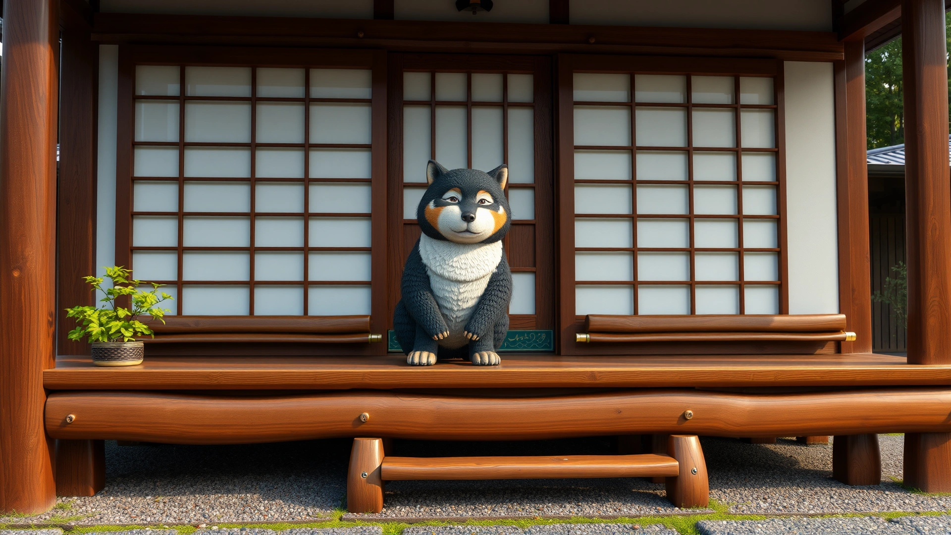 Kishu Ken sitting calmly on a wooden engawa (porch) of a classic Japanese house