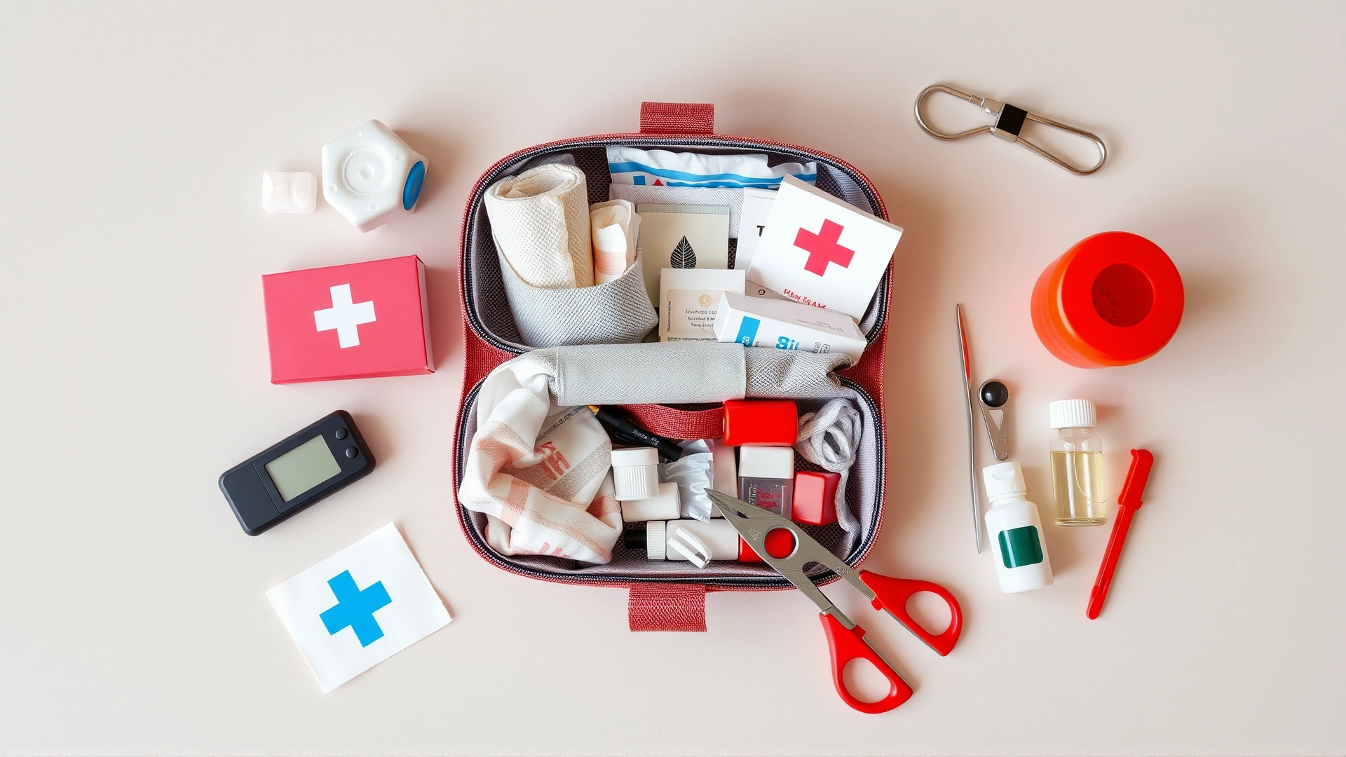 Flat-lay shot of an open pet first aid kit showing gauze, bandages, digital thermometer, scissors, tweezers, and small bottles neatly arranged on a neutral background