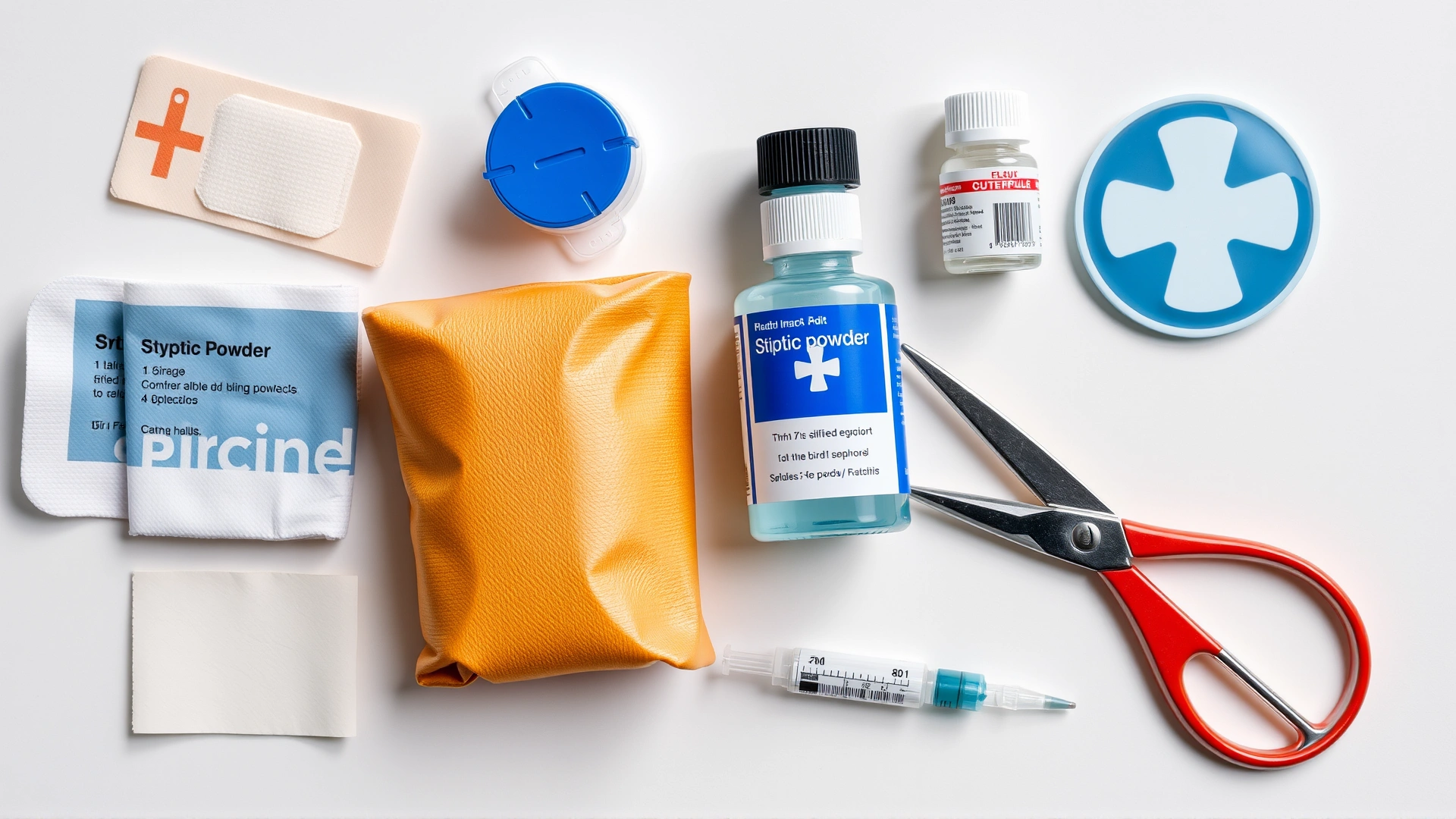 Close-up flat lay of various bird first-aid kit items—bandages, styptic powder, saline solution, syringe, and small scissors—arranged neatly on a light background.