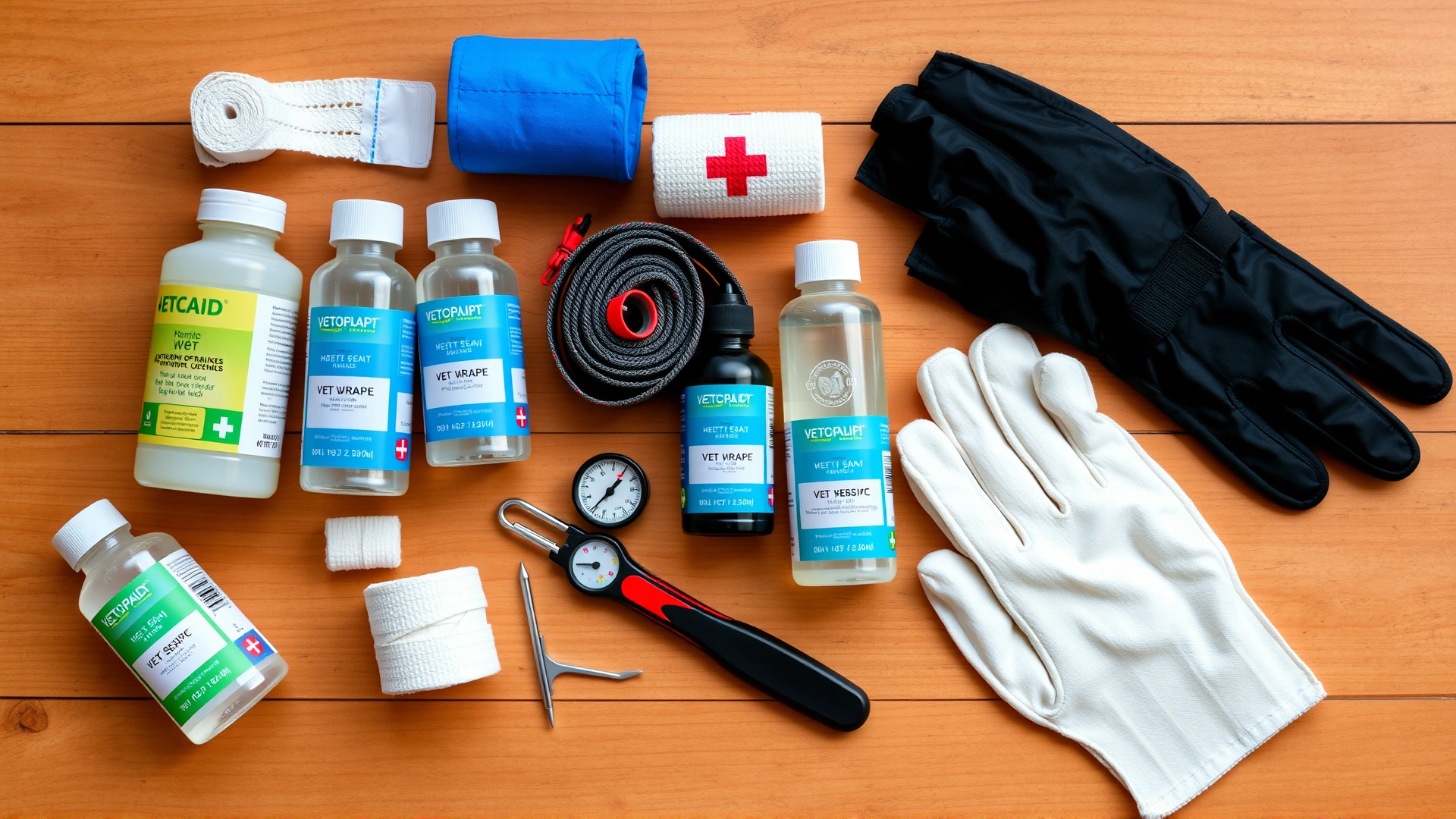 Overhead flat-lay of assorted horse first aid supplies arranged neatly on a wooden surface: bandages, vet wrap, antiseptic bottles, hoof pick, thermometer, gloves; bright, even lighting, no writing
