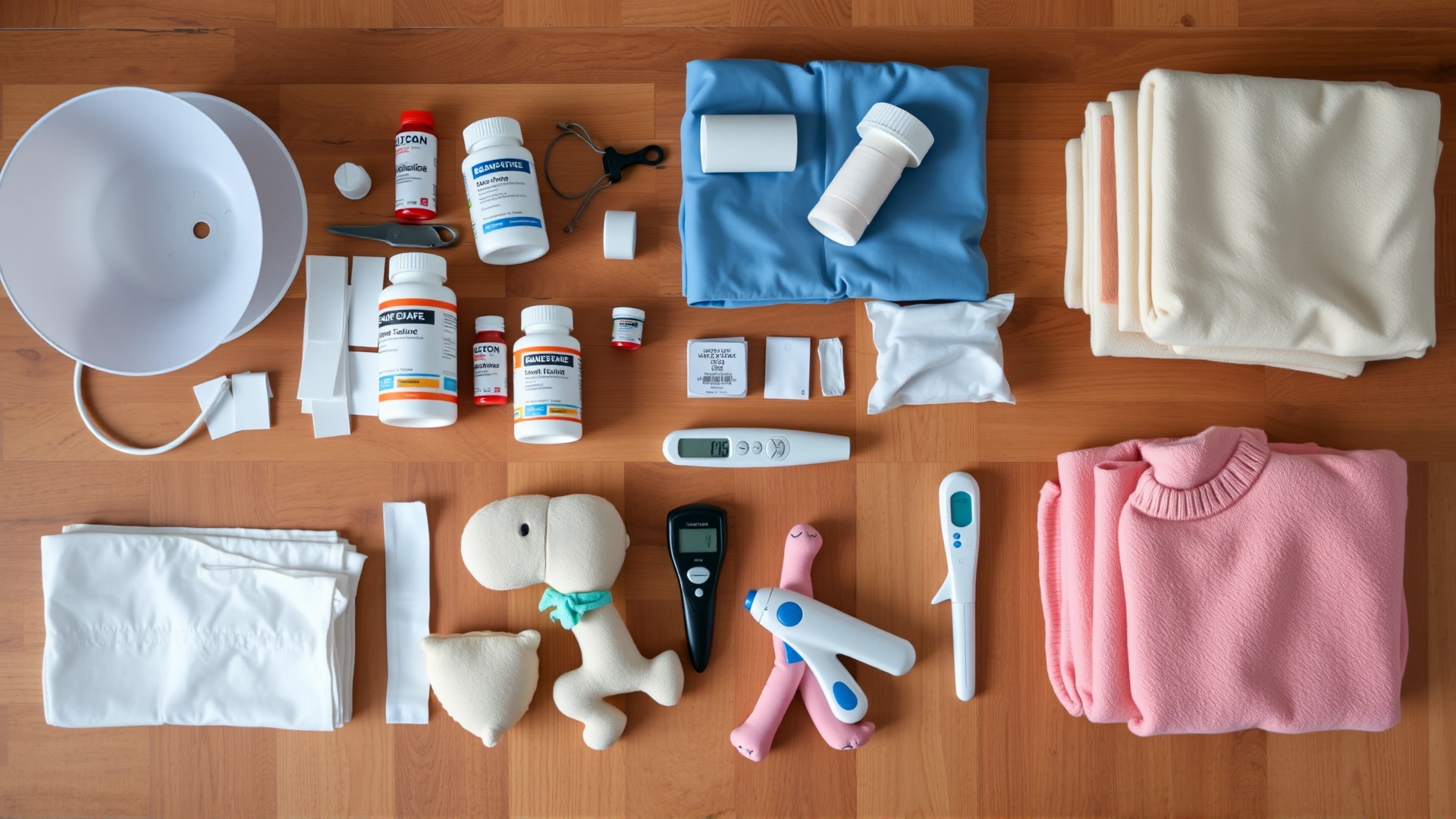 Flat lay of a complete at-home spay/neuter recovery kit: E-collar, bandages, medicine bottles, saline solution, digital thermometer, soft toys, and folded blankets arranged neatly on a wooden floor.