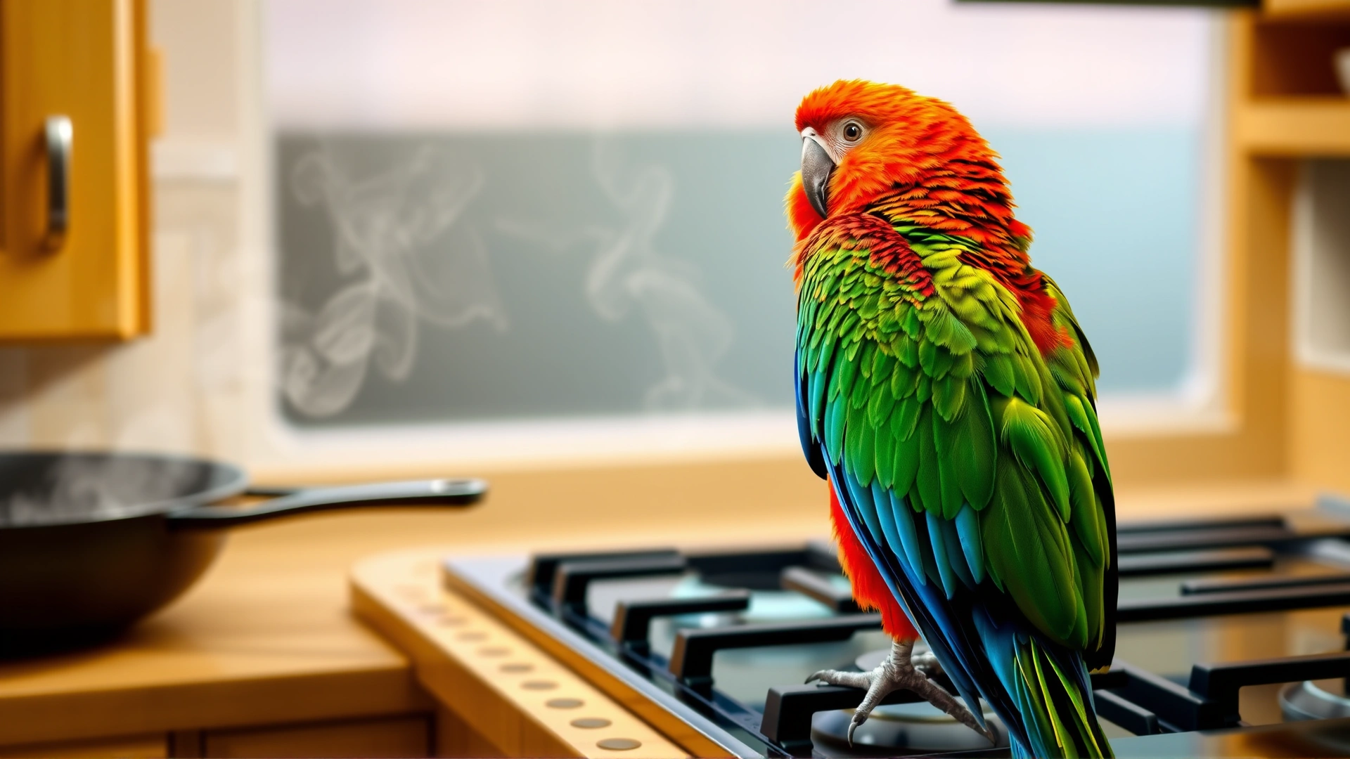 Vibrant macaw sitting on a kitchen countertop while nonstick pan on stove emits faint steam, illustrating Teflon fumes hazard, no text