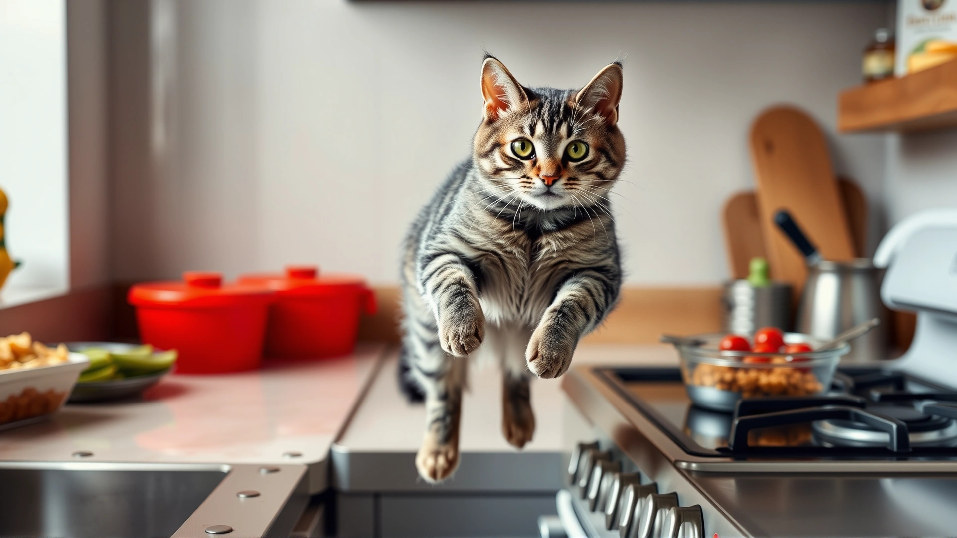 A grey tabby cat jumping onto a kitchen countertop near a hot stove and open food containers.