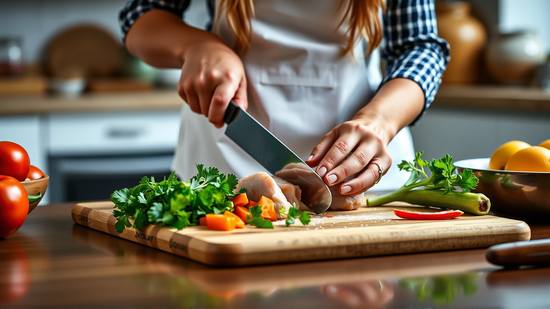 Hands of a pet owner chopping fresh chicken and vegetables on a cutting board in a bright kitchen, ingredients neatly arranged