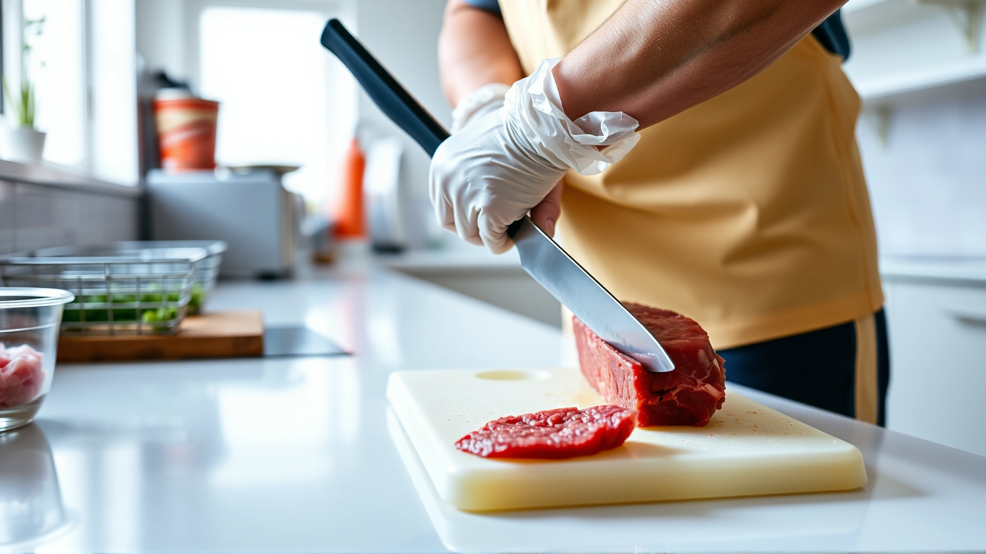 Person wearing disposable gloves carefully cutting raw beef on a separate cutting board in a bright, clean kitchen, emphasizing hygiene