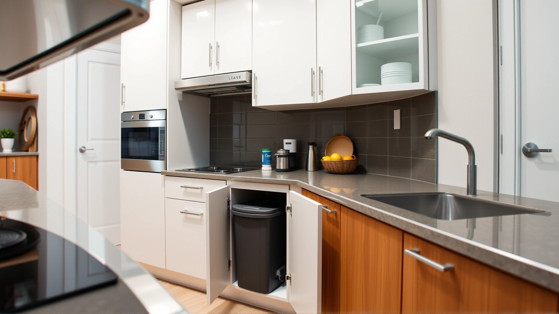 Modern kitchen with secured trash bin, locked lower cabinets, and countertops free of food, photographed from a low puppy-eye level