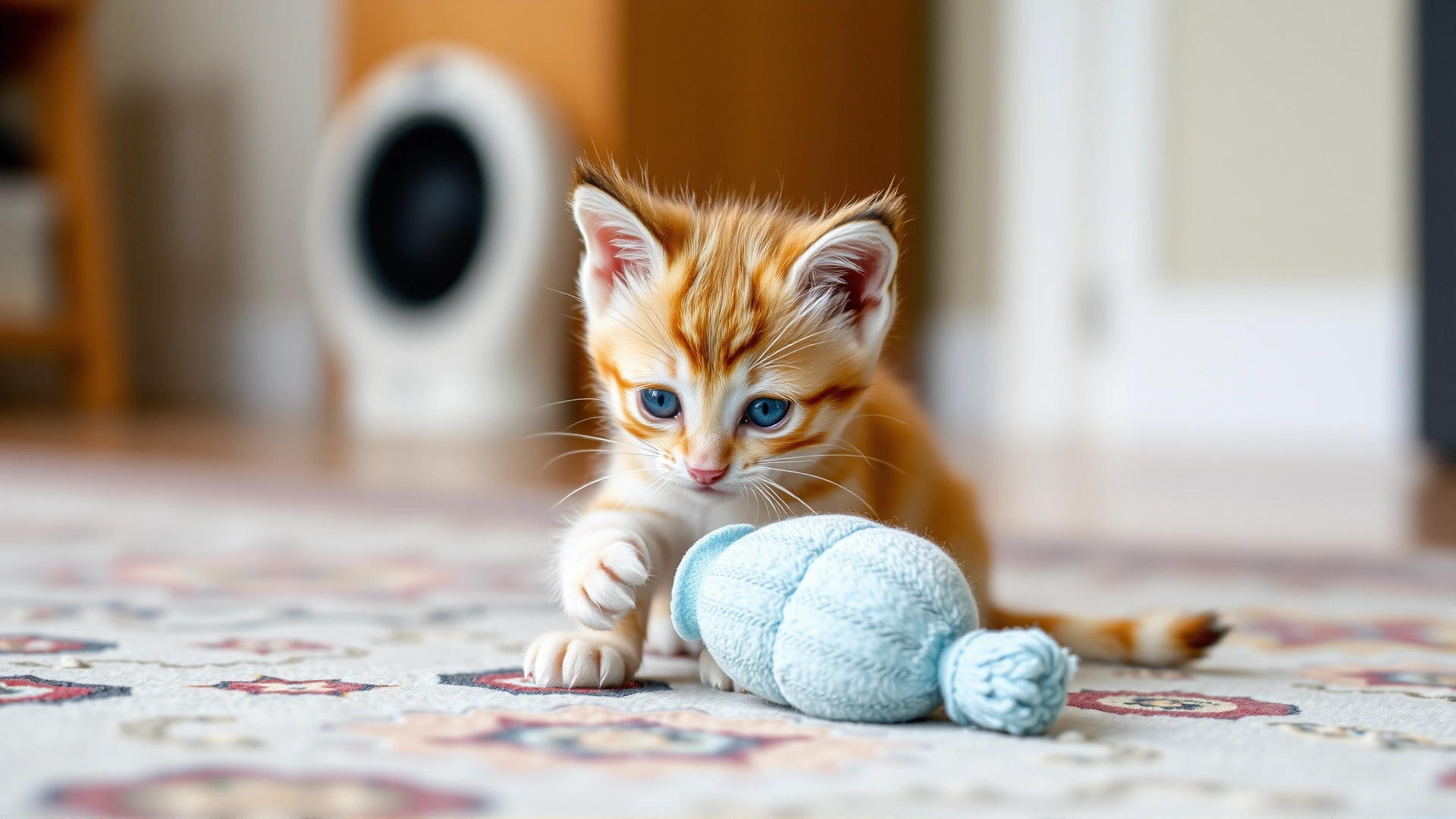 Cute young kitten playing with a small plush toy while sitting alone on a rug, natural indoor lighting.