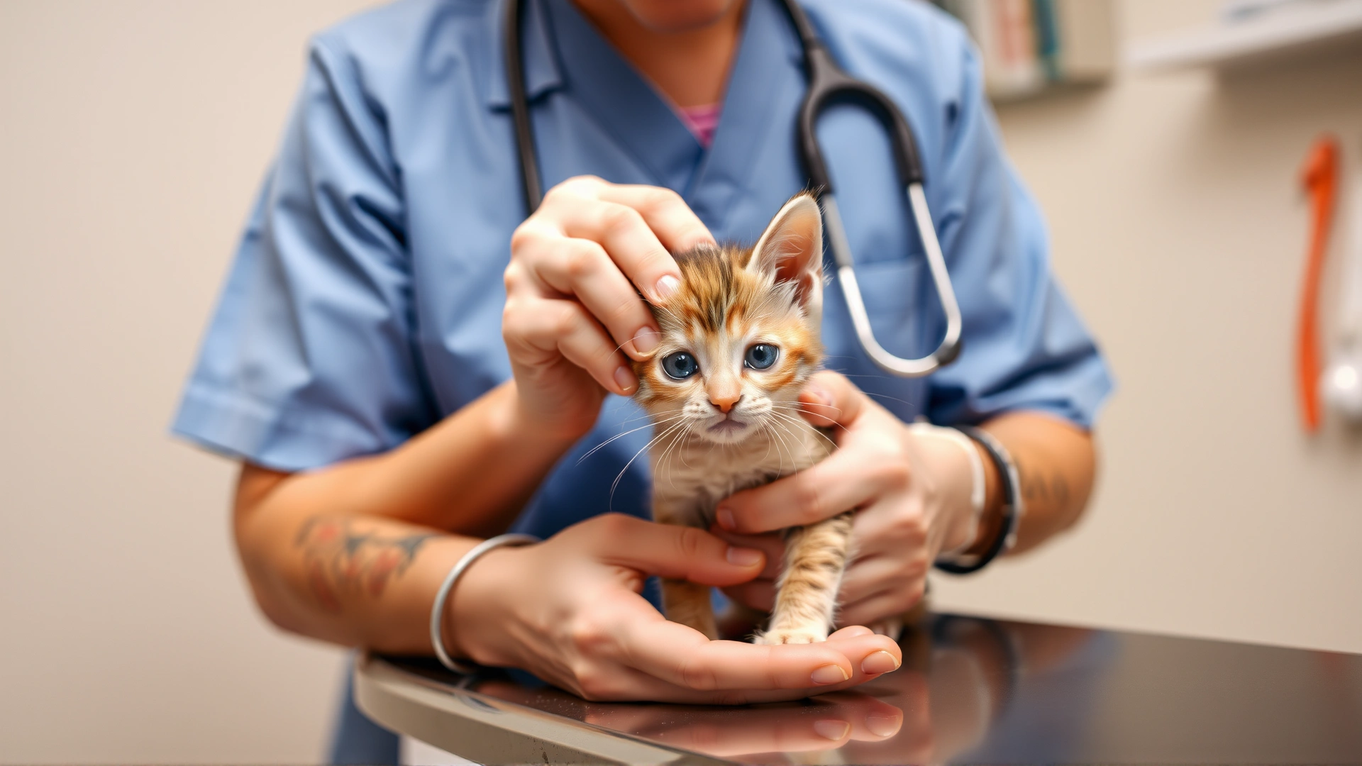 Friendly veterinarian gently examining a small kitten on an exam table, emphasizing professional diagnosis.