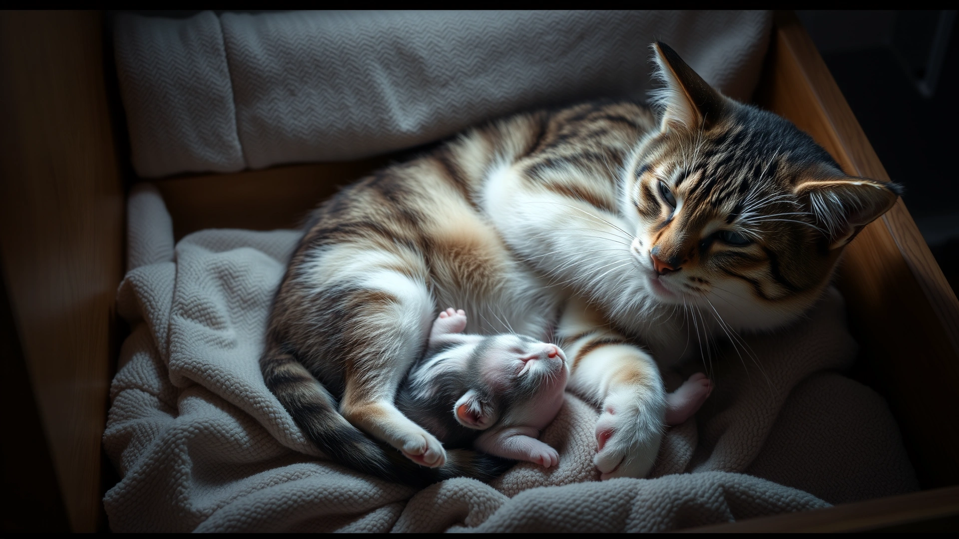 Mother cat giving birth with one newborn kitten visible in a nesting box lined with towels
