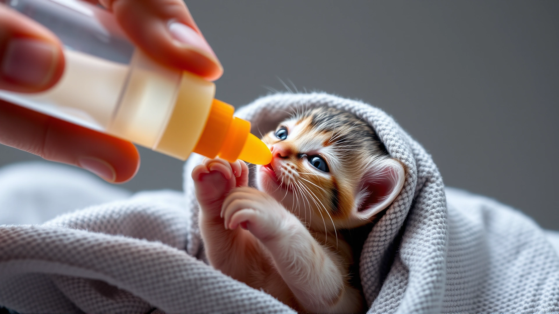 Close-up of a human hand bottle-feeding a tiny kitten wrapped in a towel, representing supplemental feeding.