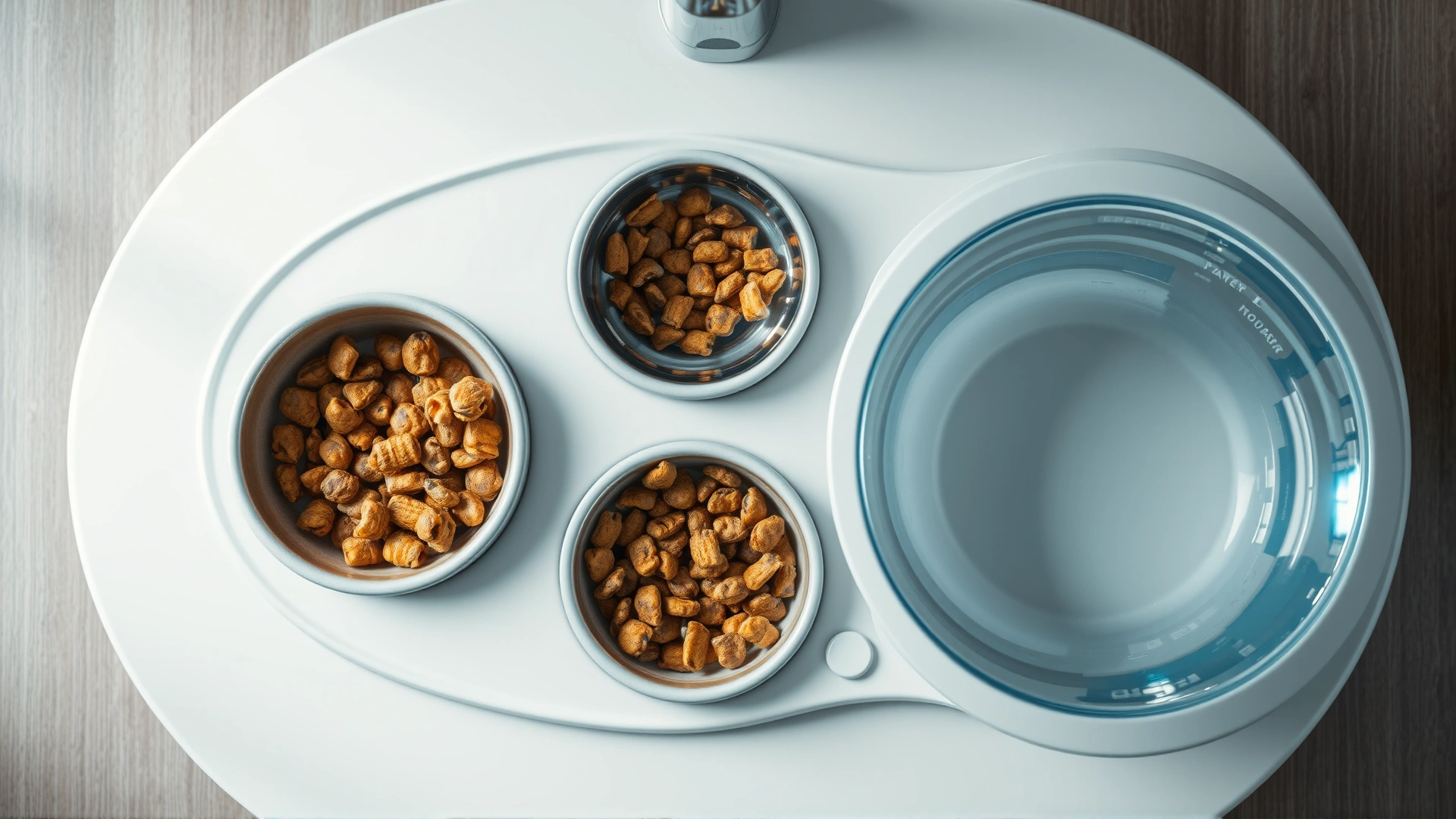 Overhead shot of a tidy feeding station with separate bowls for water, wet food, and dry food