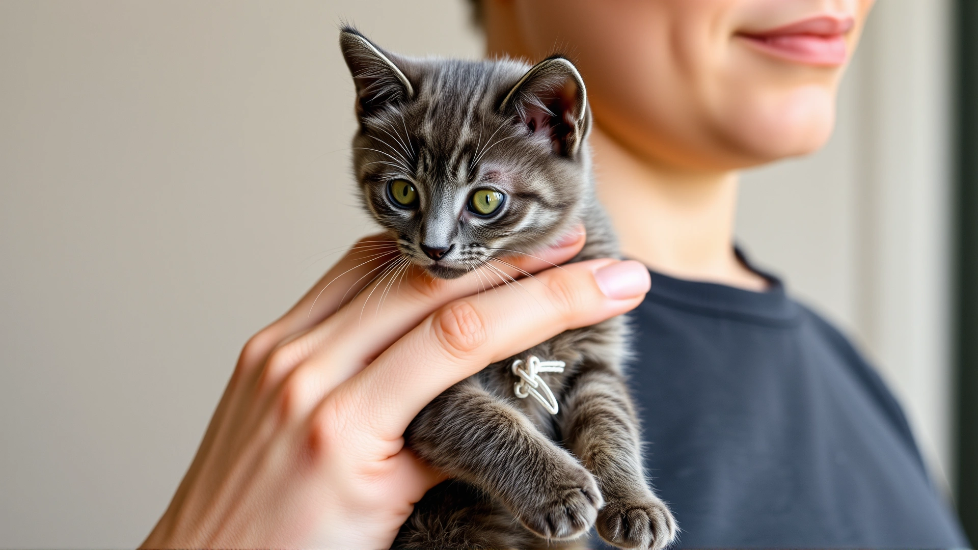 Person holding a fed gray kitten upright against their shoulder, gently patting its back to help it burp, indoor setting with neutral background.