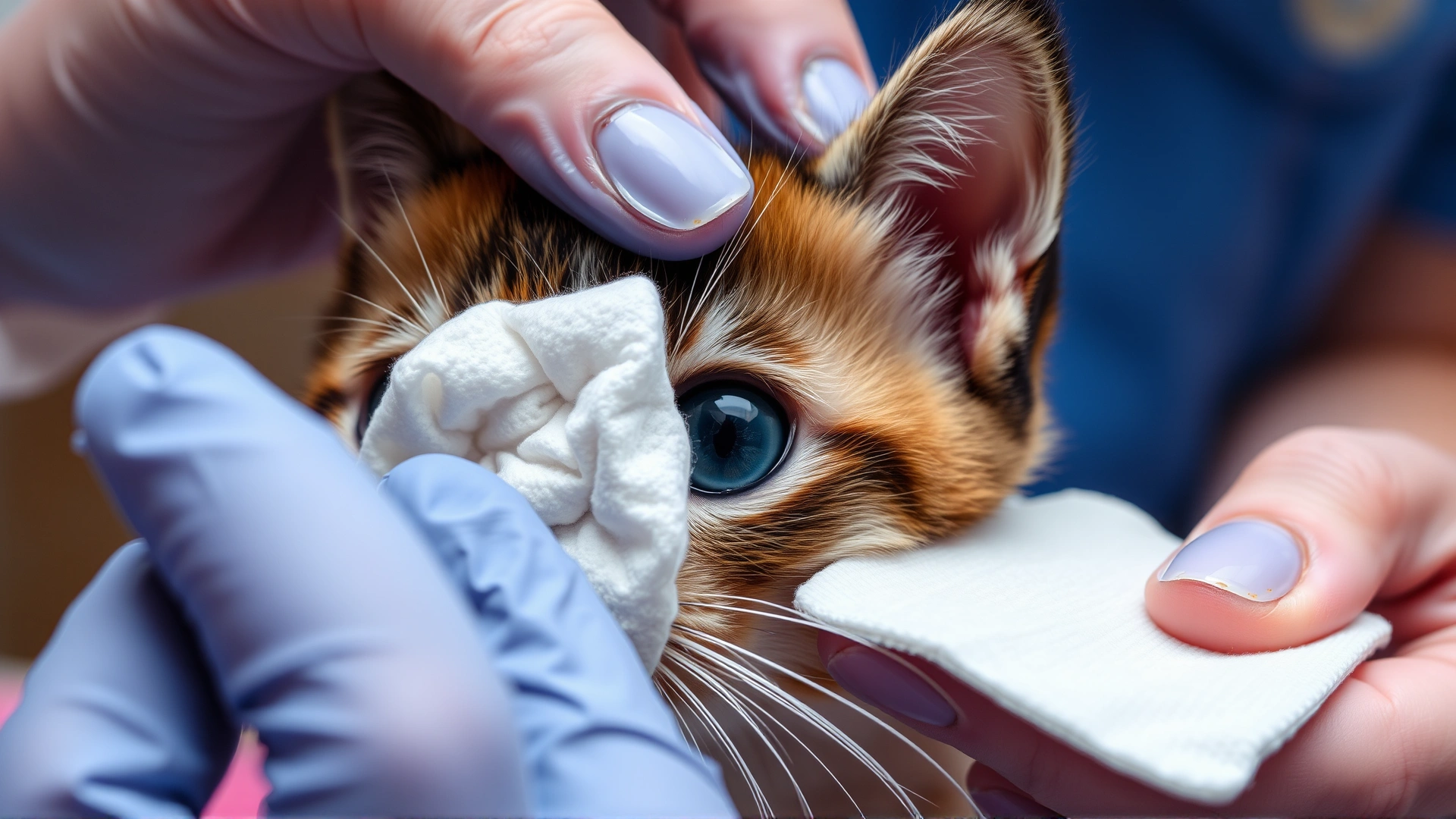 A caregiver using a warm damp cotton pad to clean slight discharge from a kitten's eye, showcasing proper technique.
