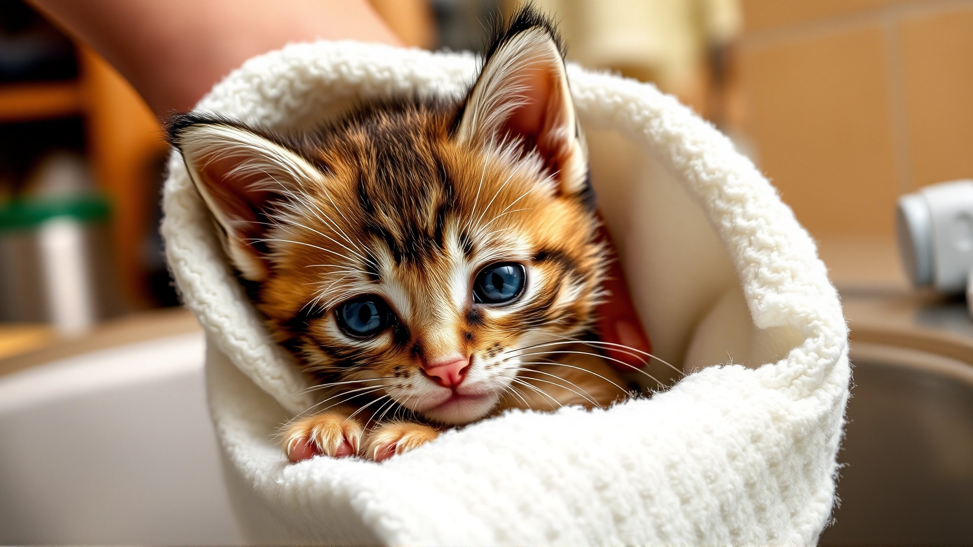 Young kitten being gently towel-dried after a bath, warm household setting.
