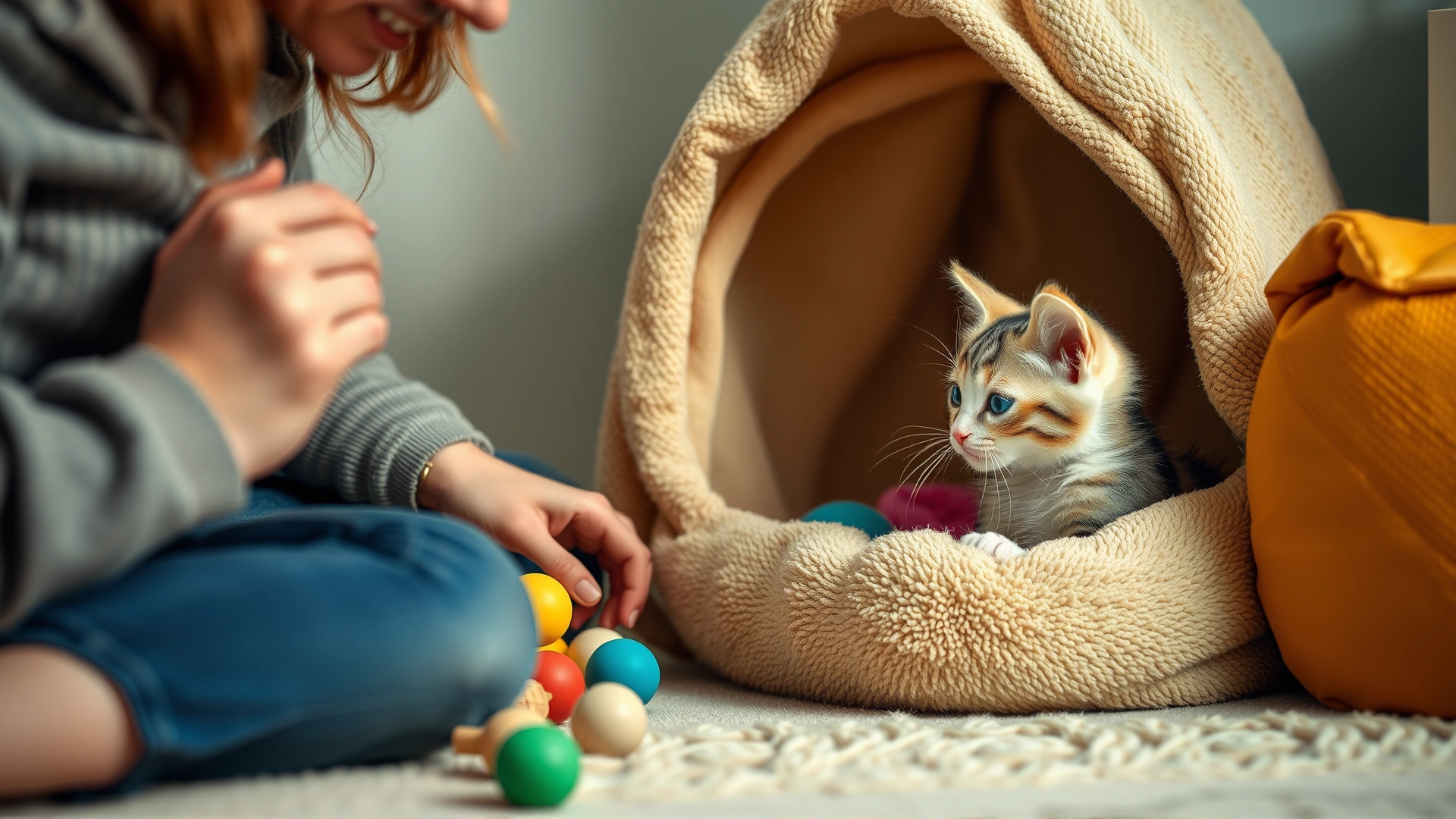 Warm photo of a pet owner setting up a soft blanket and toys in a cozy corner for a special-needs kitten.