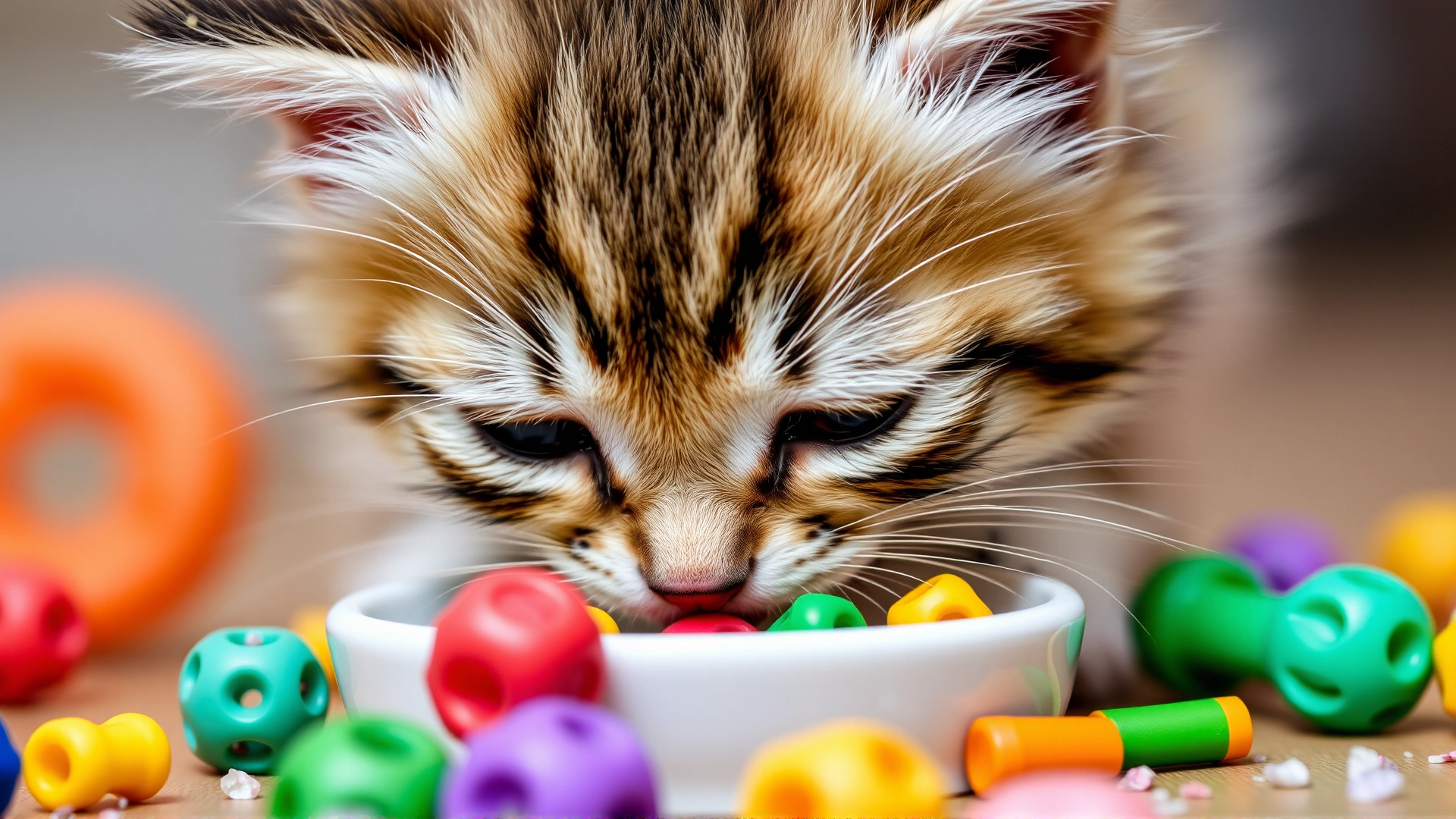 Close-up of a Munchkin kitten eating from a small bowl with colorful toys scattered around.