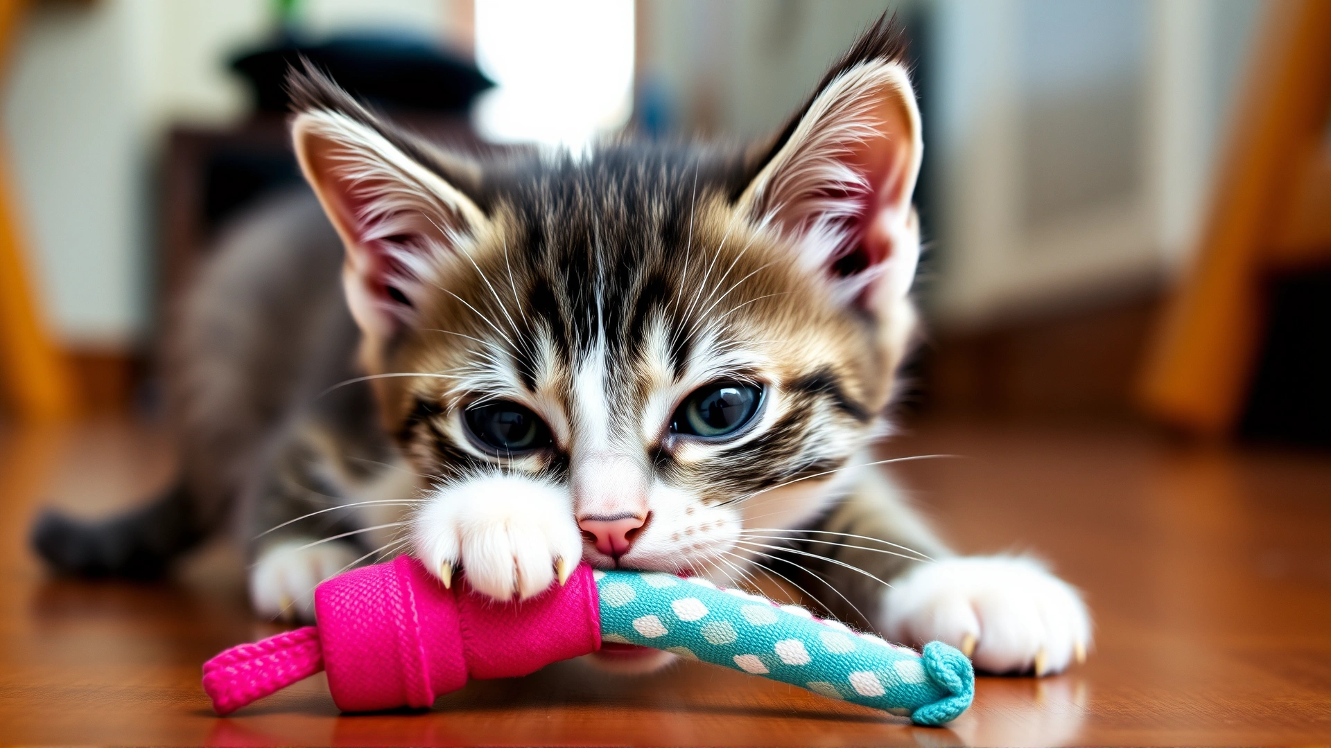 Playful grey-and-white kitten chewing on a soft rubber toy, shallow depth of field, wooden floor background, bright and cheerful lighting.