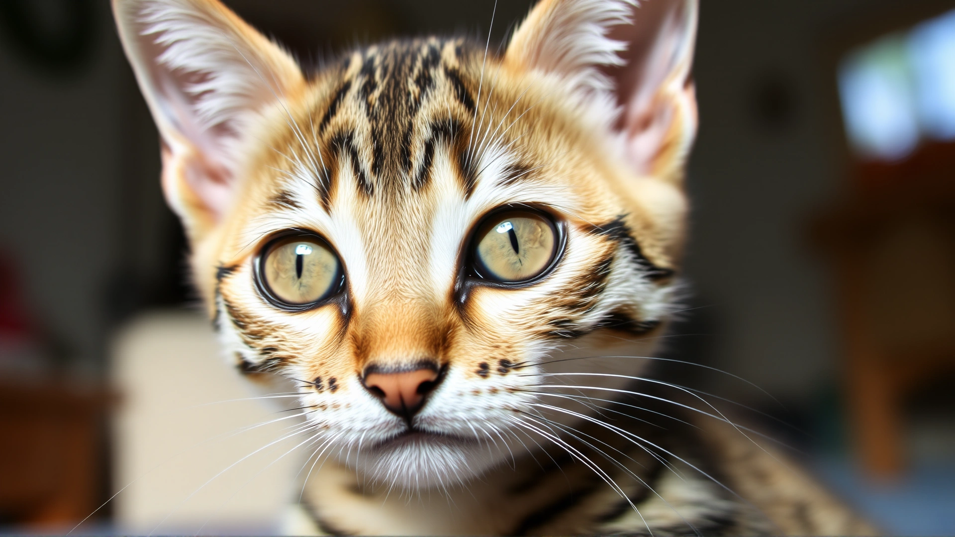 Close-up of a Sokoke Forest kitten's face with large almond eyes and ticked tabby markings, indoor setting, natural light.