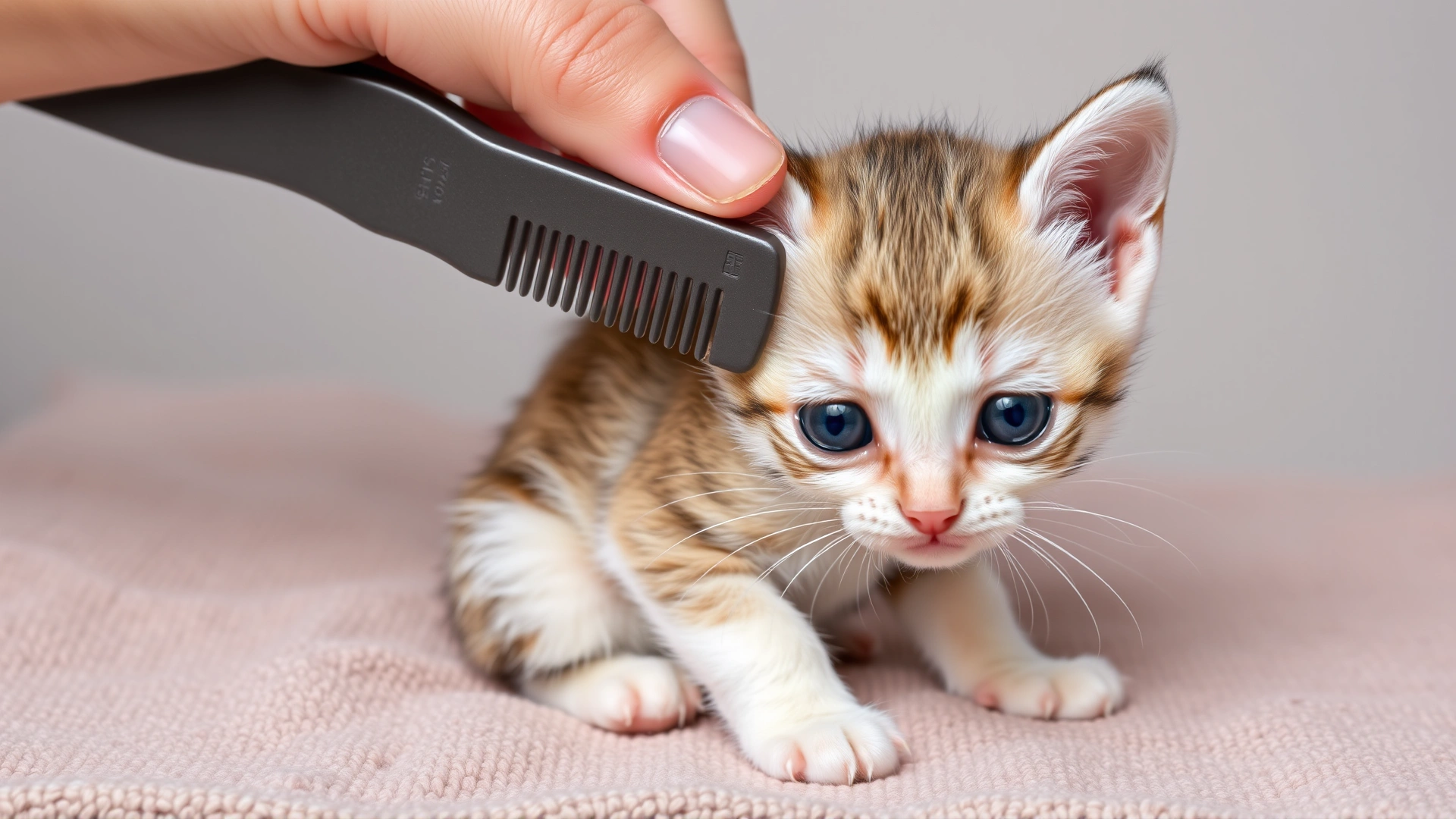 Adorable 6-week-old kitten being gently combed with a small flea comb while sitting on a soft towel, demonstrating safe grooming for young cats.