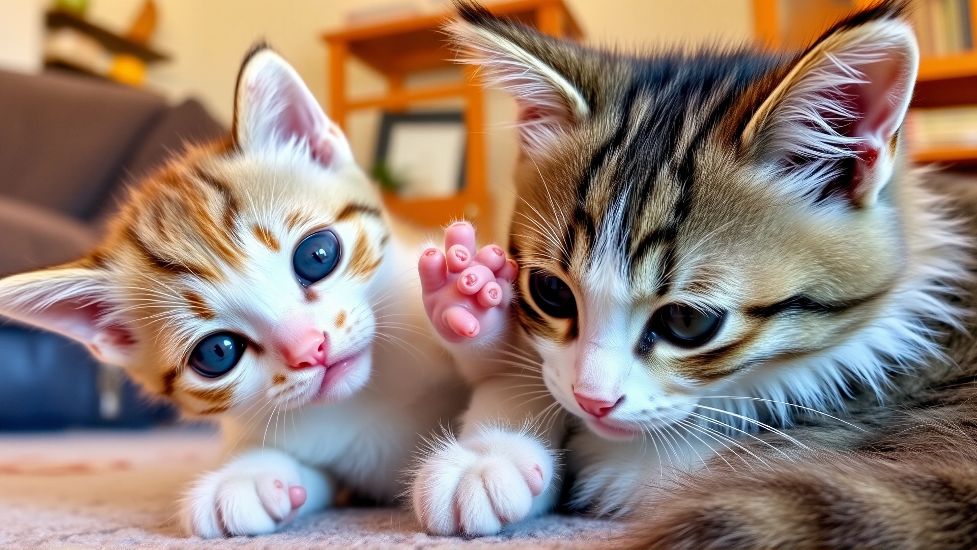 Playful kitten with mother cat, highlighting youth and potential congenital conditions, home setting, no text