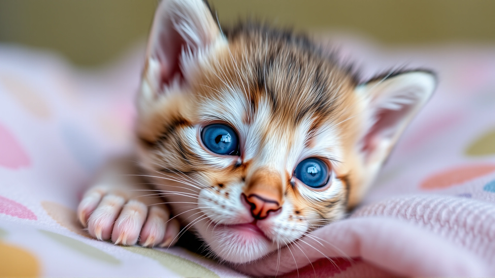 Adorable close-up of a newborn kitten looking directly at the camera with wide blue eyes, lying on a pastel blanket.