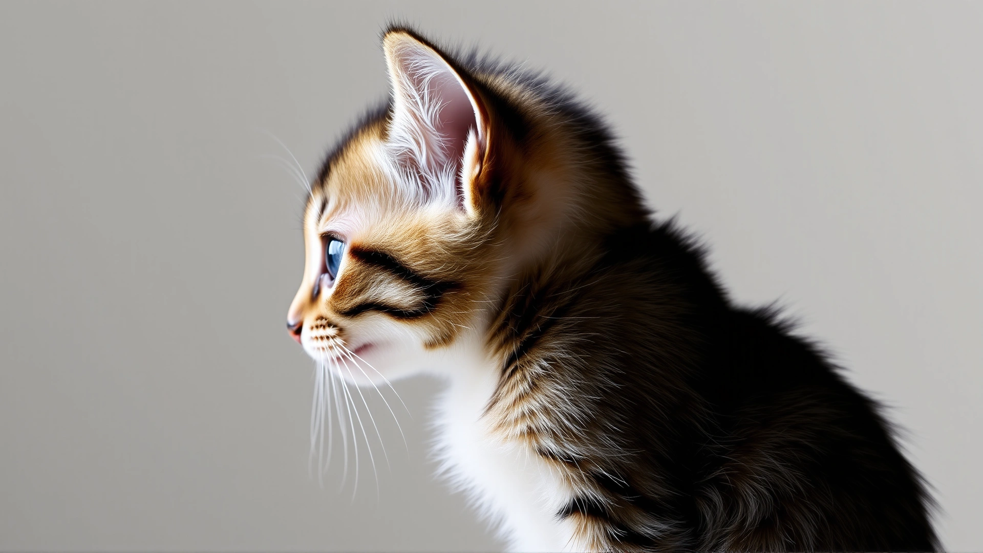 Side profile of a small short-haired kitten with noticeably domed skull and wide-set eyes, neutral background