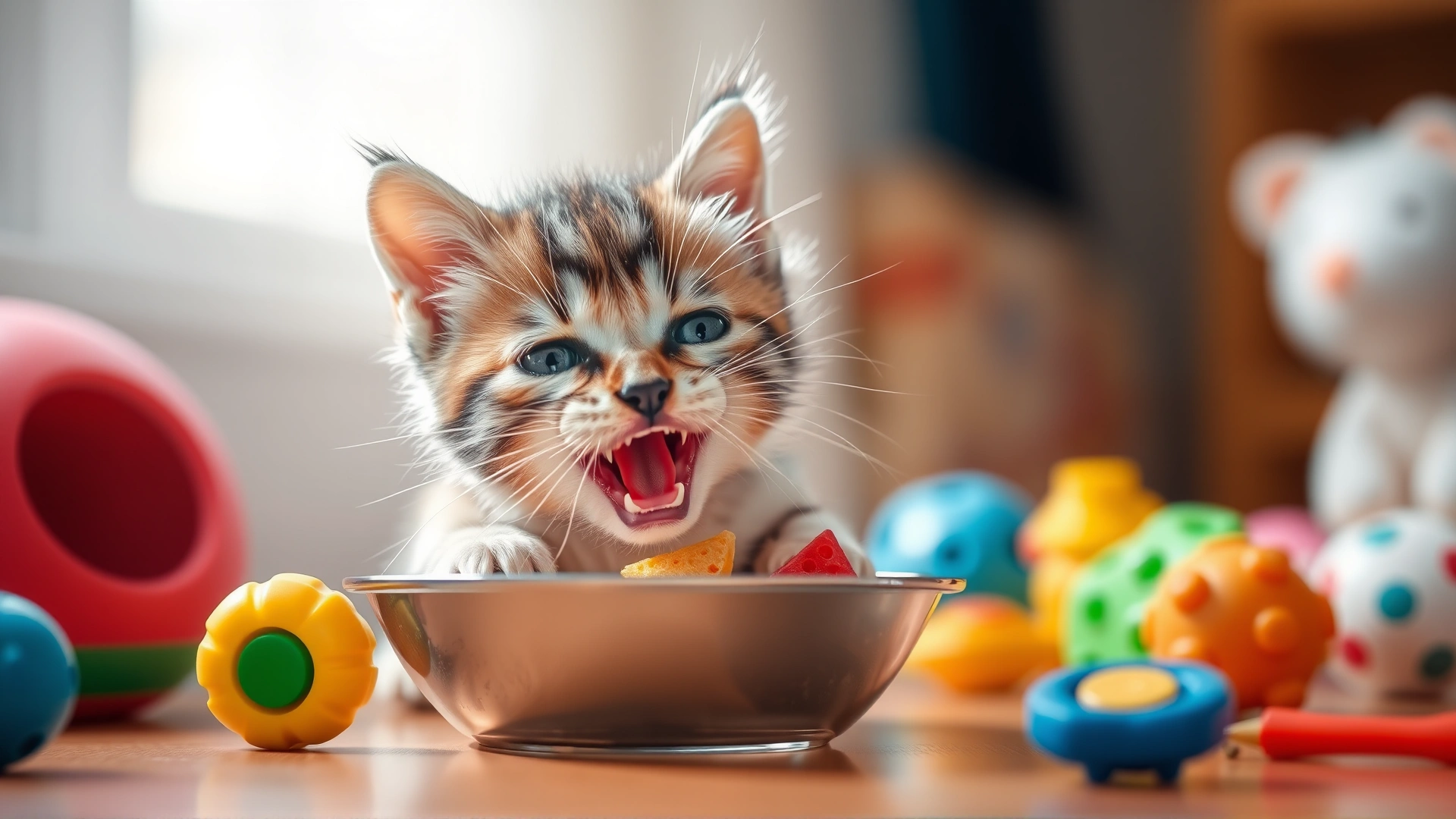 Playful small kitten happily eating from a shallow dish, brightly lit environment with colorful toys blurred in the background, no text.