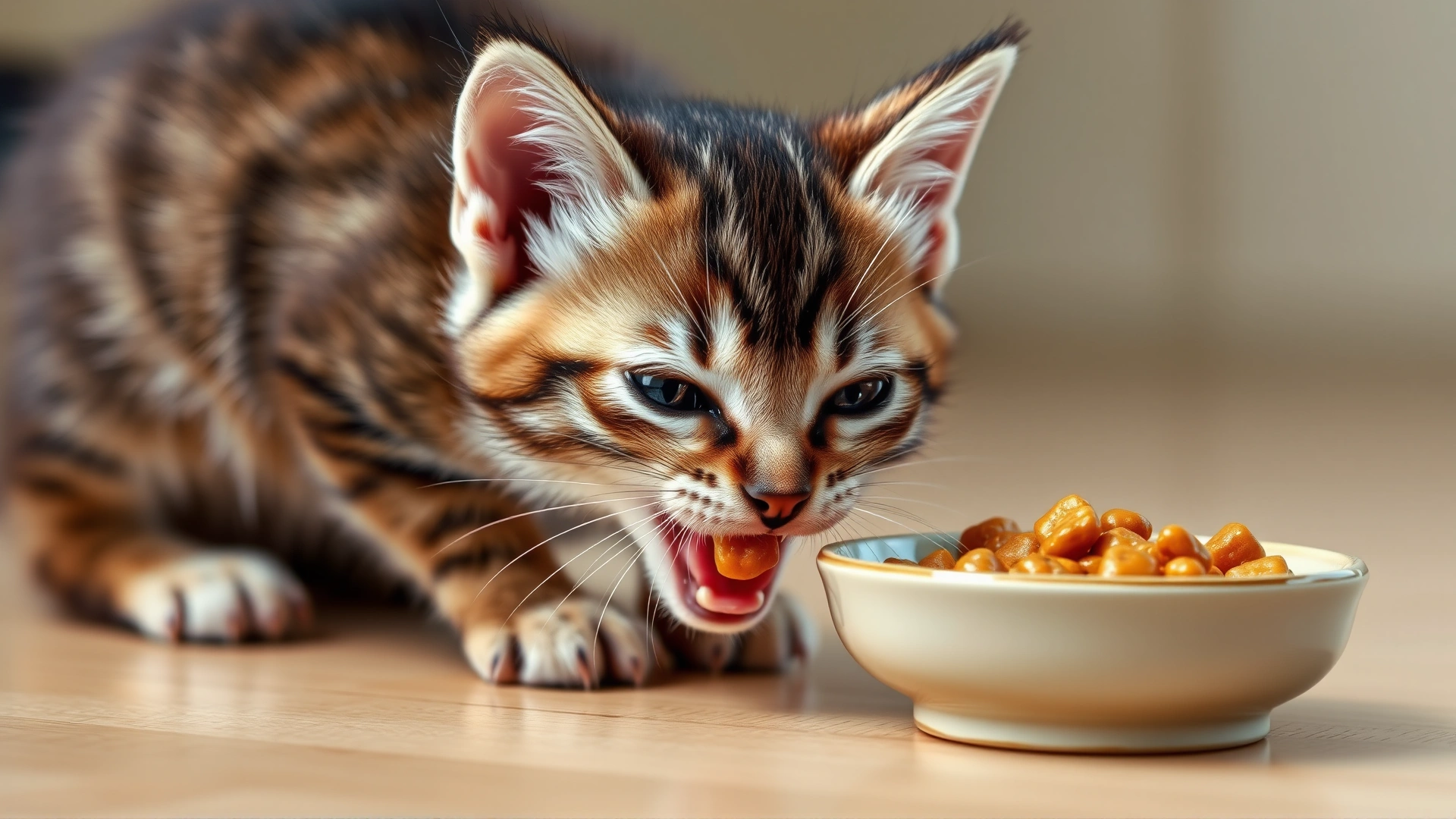 Young kitten enthusiastically eating wet food from a small ceramic dish