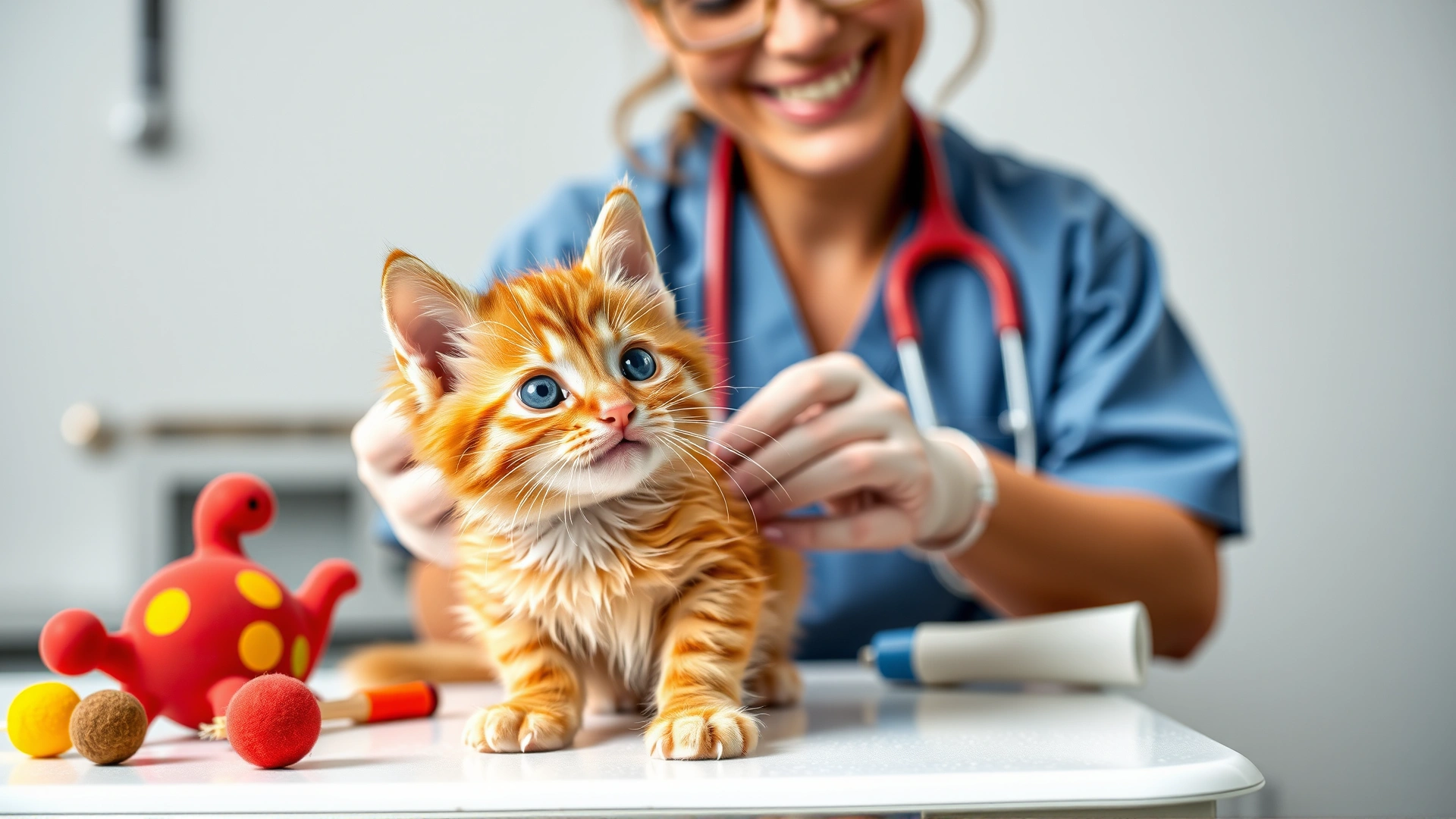 A playful orange kitten being examined on a veterinary table with colorful toys nearby and a cheerful vet smiling