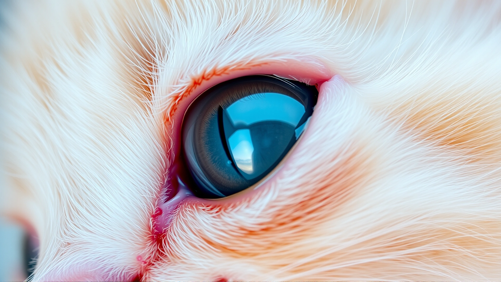 Macro photograph of a newborn kitten’s swollen eye with slight yellow discharge, neutral background for medical context