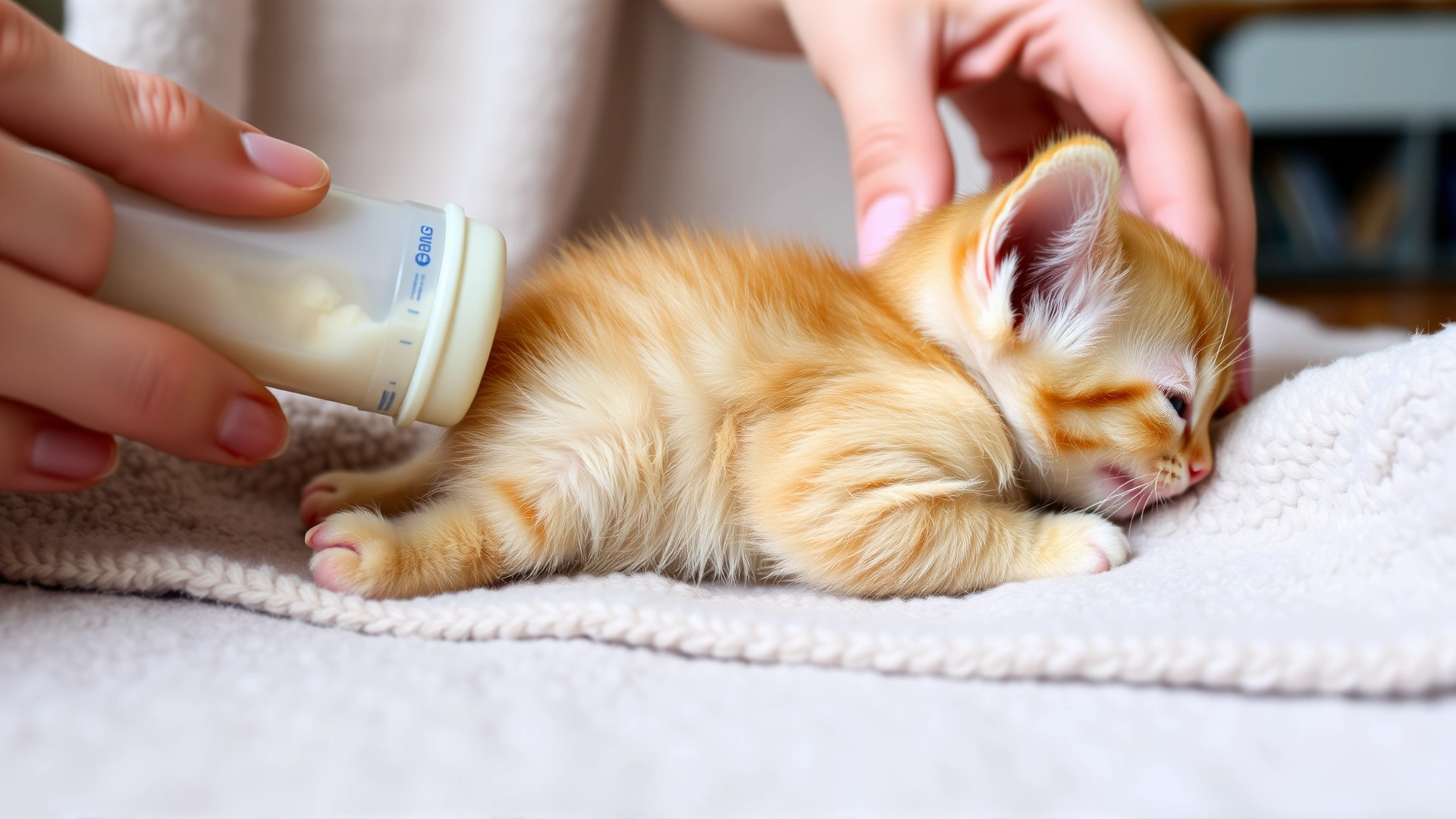 Side view of a tiny orange kitten lying on its stomach on a soft blanket while being bottle-fed by a human hand, demonstrating correct feeding posture.
