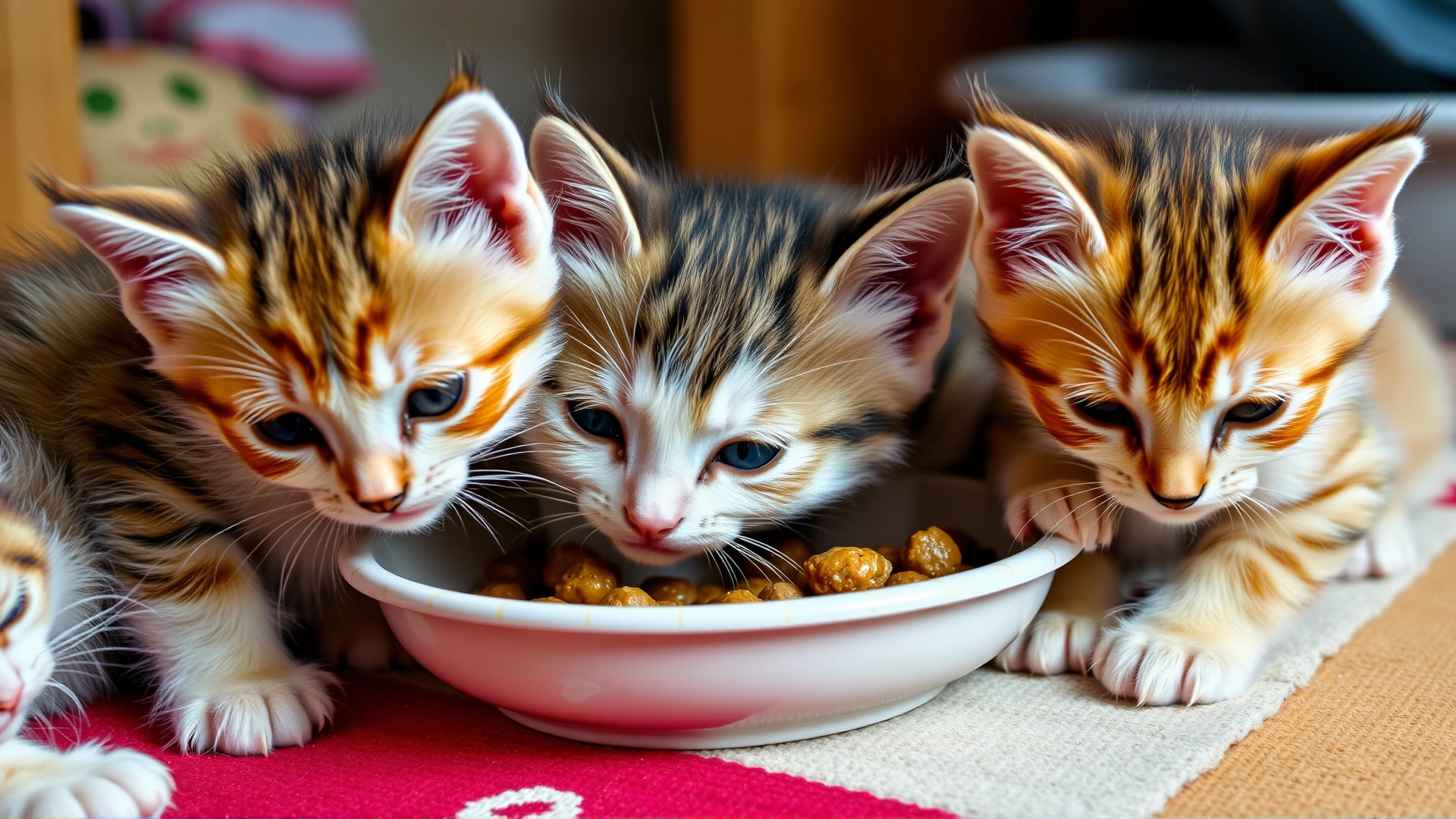 Group of kittens eating wet food together from a low dish, cozy home setting
