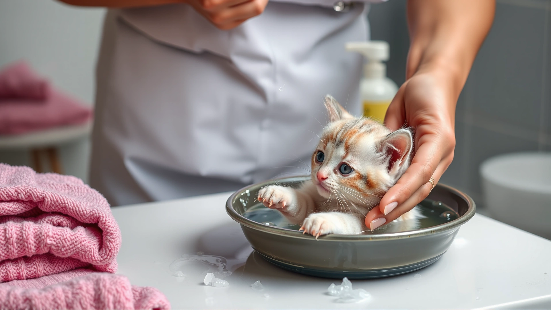 A caretaker gently bathing a small wet kitten in a shallow basin of warm soapy water, towels and grooming supplies visible nearby