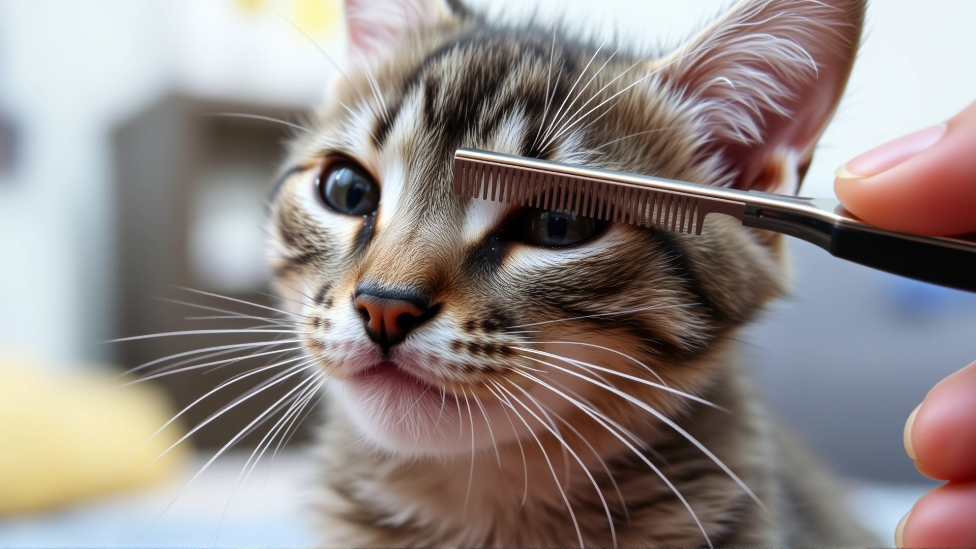 Macro shot of person using a fine-tooth flea comb on a gray tabby kitten's neck fur, indoor setting.