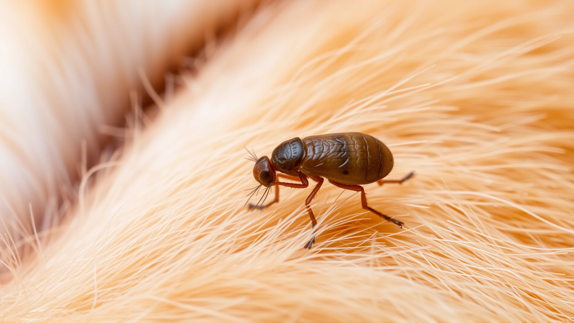 Macro photograph of a small flea on a kitten's light orange fur, highlighting the problem in crisp detail