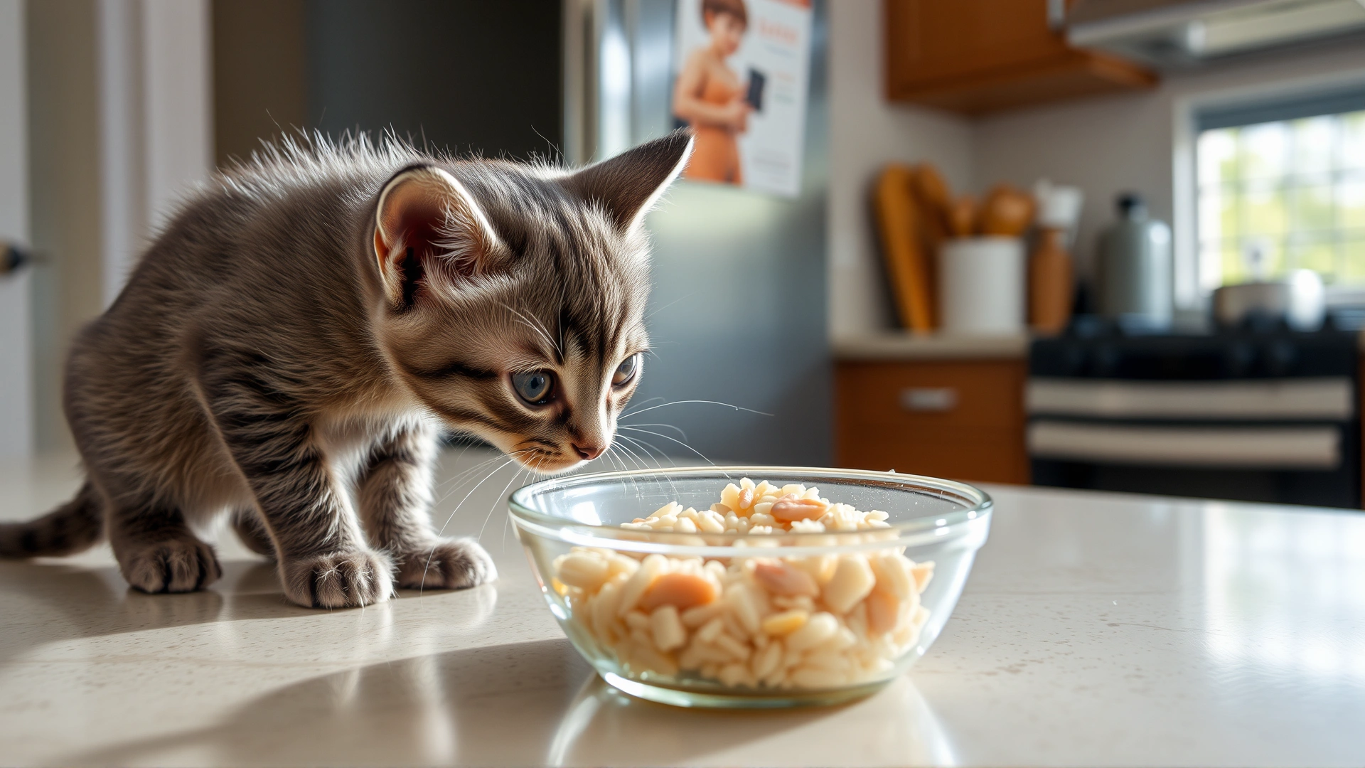 Small gray kitten sniffing a shallow bowl of bland cooked chicken and rice on a kitchen counter, bright daylight coming from the window.
