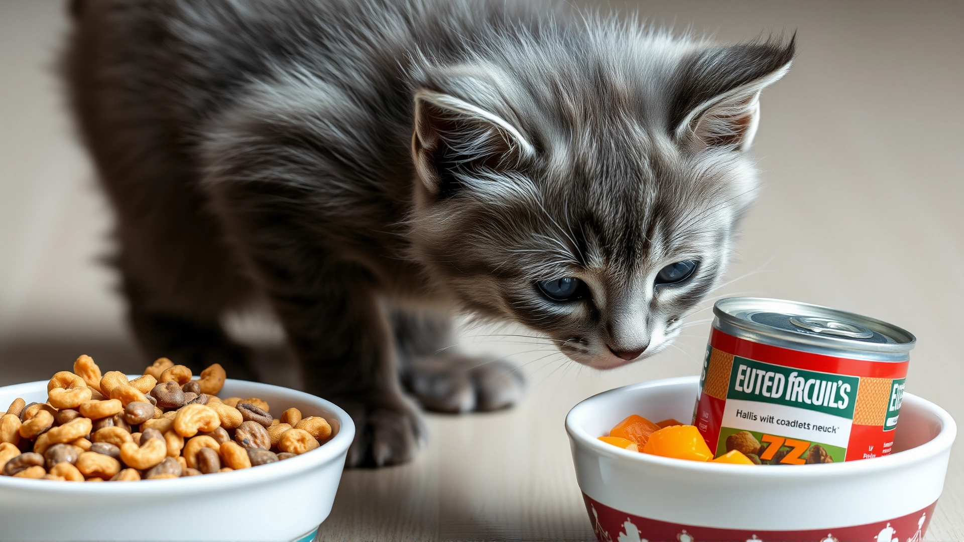 Curious gray kitten sniffing two bowls side by side: one with dry kibble and one with canned wet food