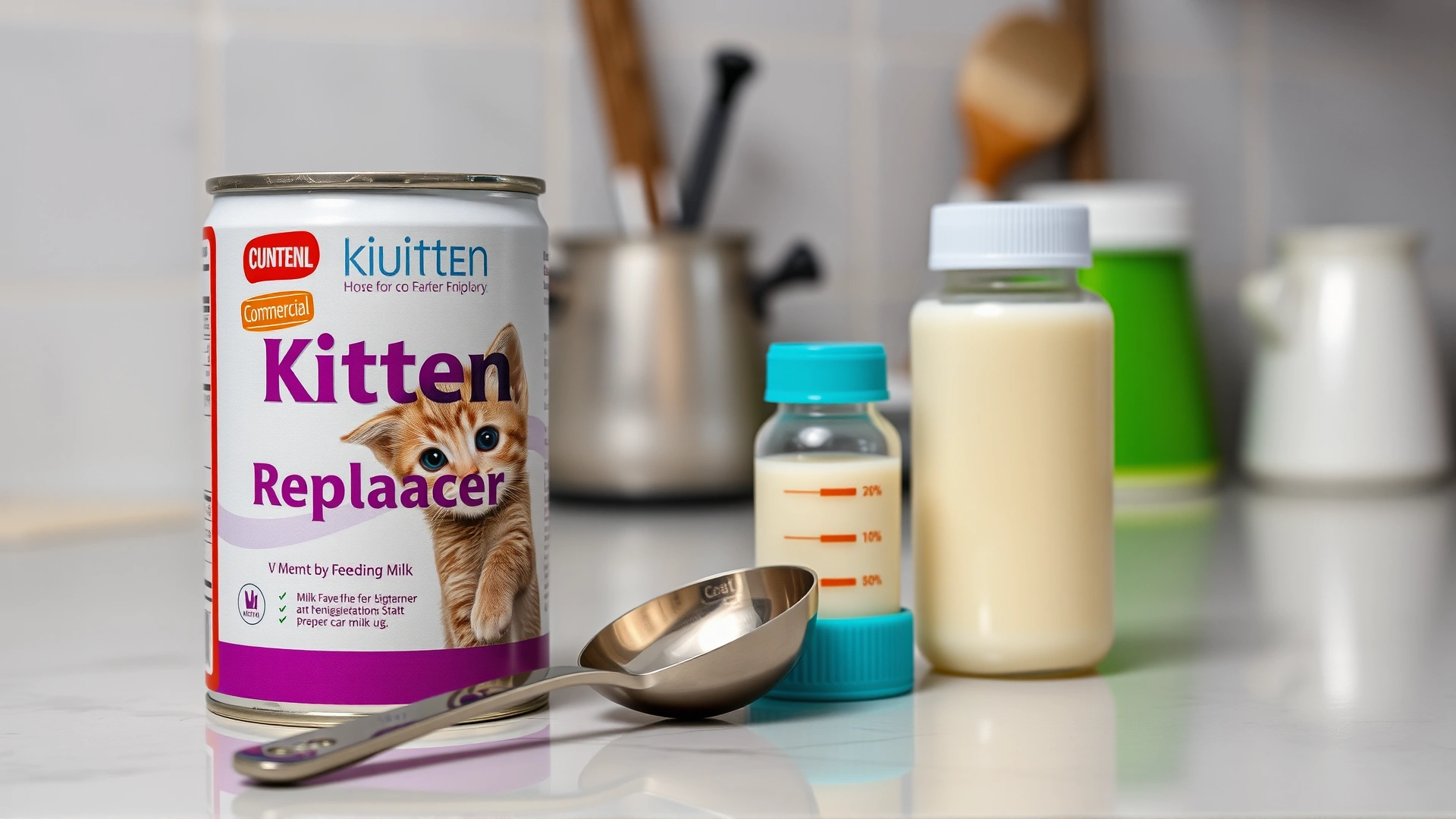 A neatly arranged scene showing a can of commercial kitten milk replacer, a measuring spoon, and a small feeding bottle on a kitchen counter.