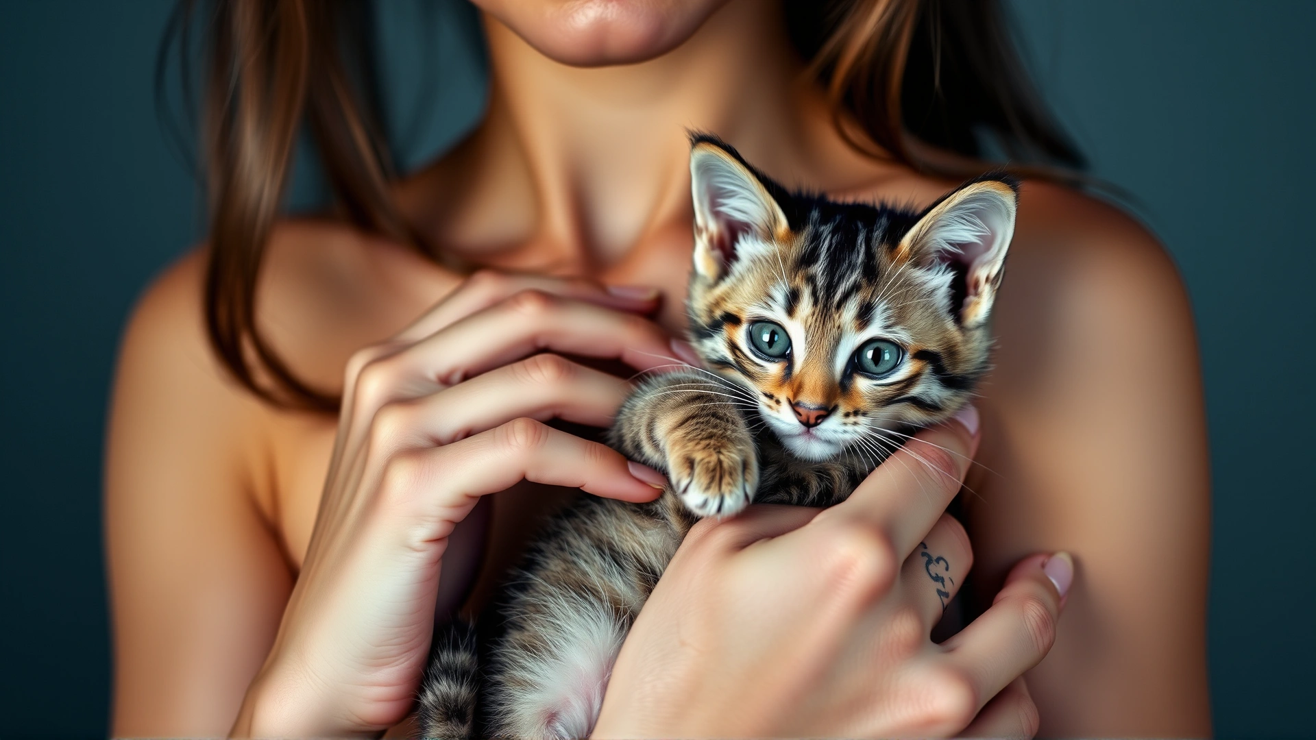 Woman holding a small tabby kitten close to her chest, one hand beneath the kitten's chest and the other supporting the hind legs, soft lighting