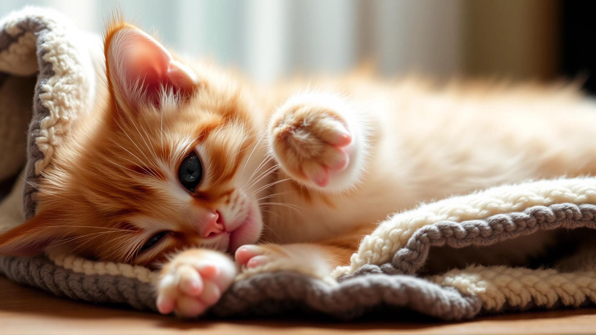 Adorable close-up of a playful ginger kitten rolling on a soft blanket, bright natural lighting, no text.