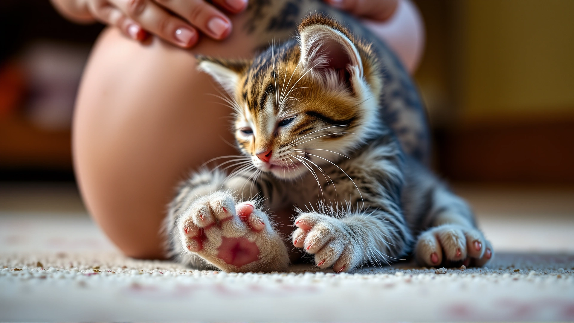 Cute kitten kneading its mother's belly while nursing, gentle indoor light, focus on kitten's tiny paws.
