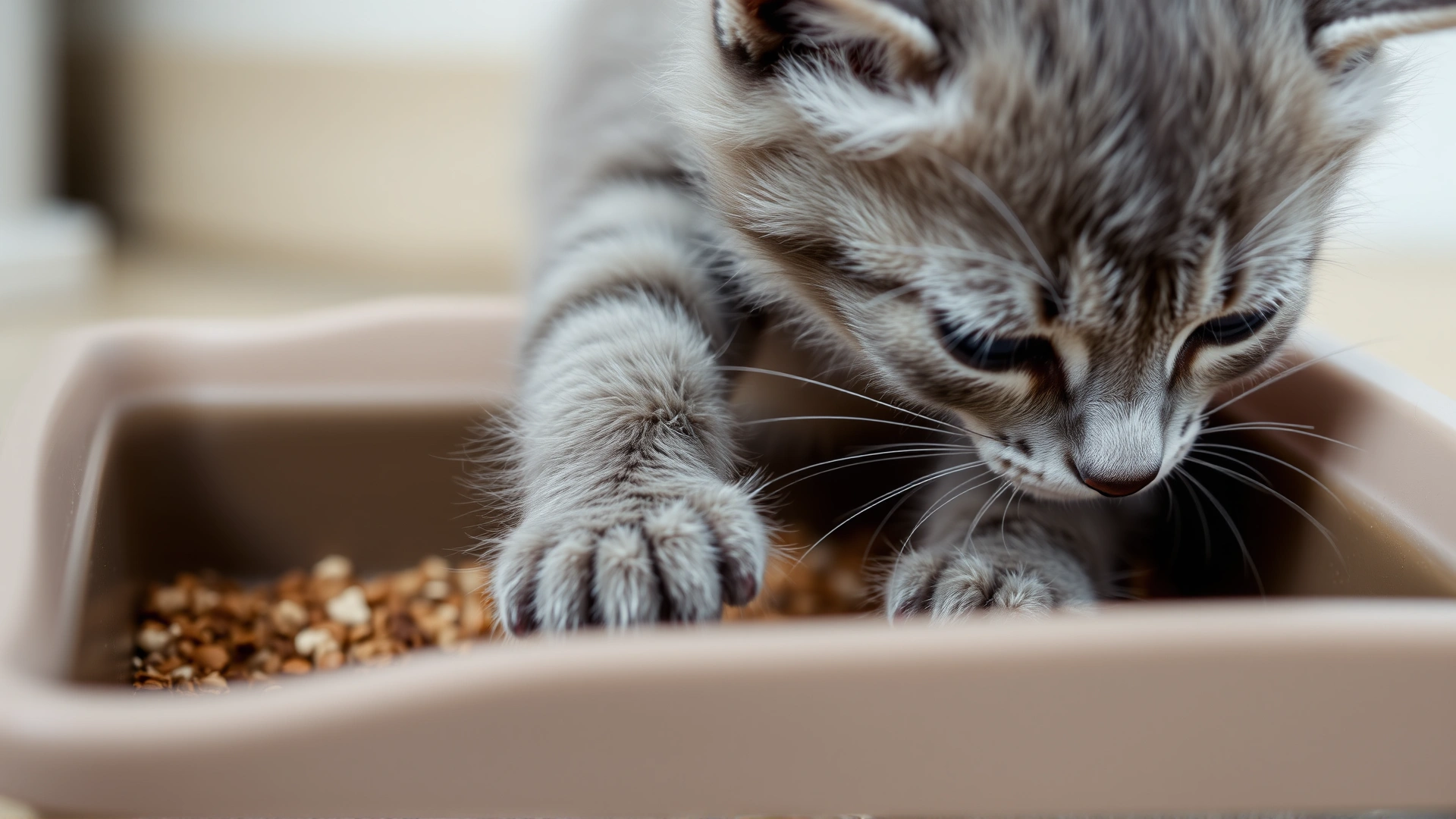 Close-up of a small gray kitten pawing at litter inside a shallow litter tray, demonstrating digging behavior