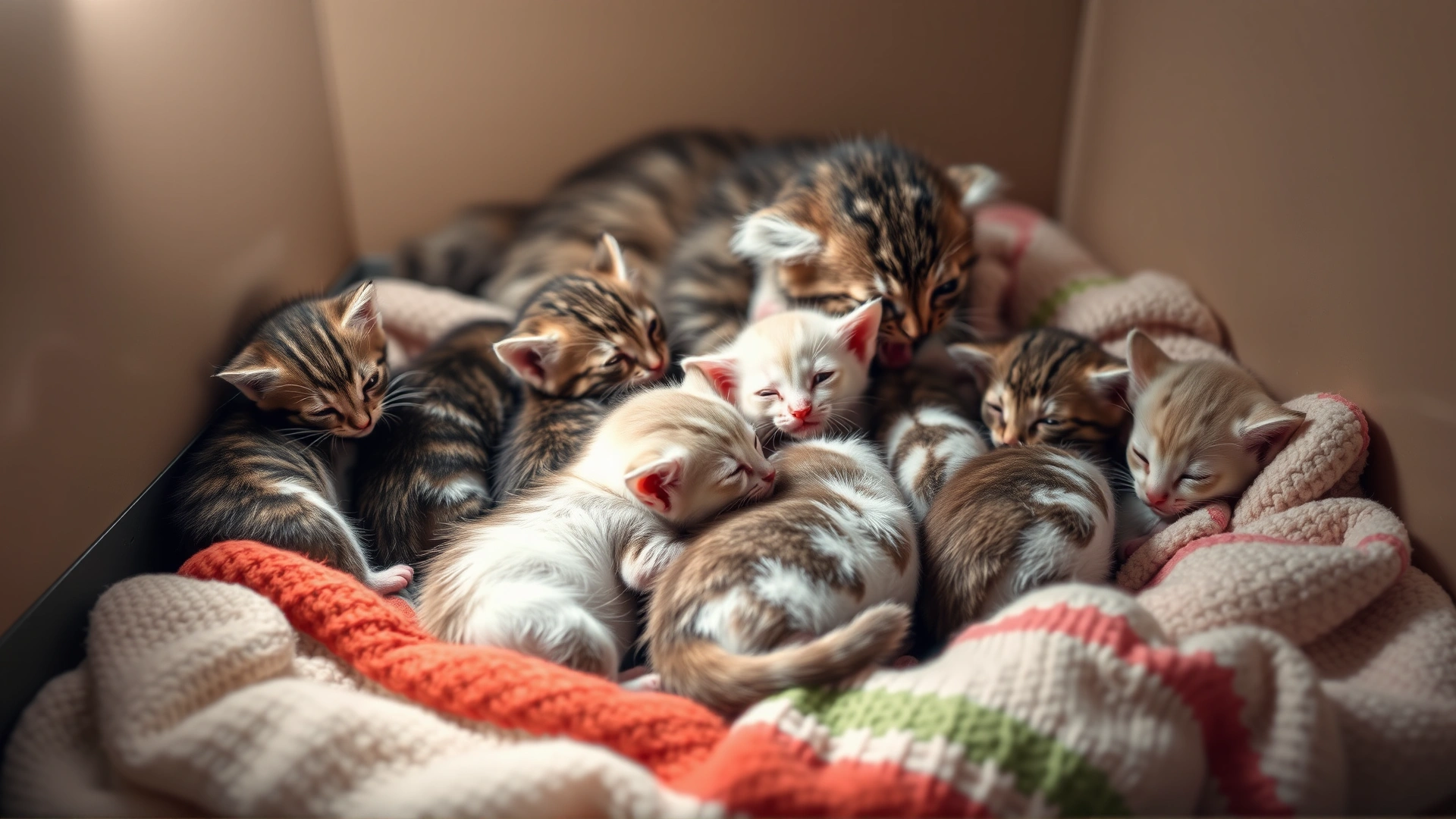 Litter of healthy newborn kittens nursing from their mother in a clean, well-lit nesting box filled with soft blankets