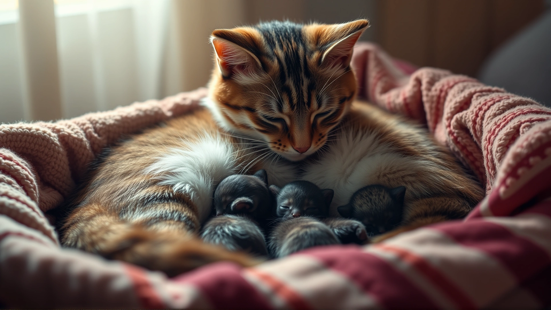 Mother cat nursing a small litter of newborn kittens in a cozy blanket-lined box, warm ambient light.