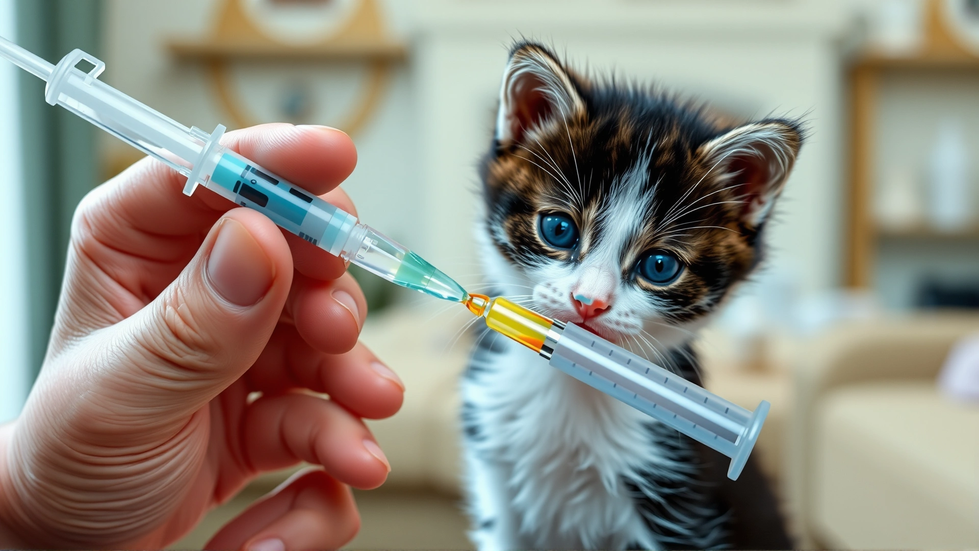 Human hand administering liquid medicine to a kitten using an oral syringe, close-up shot with soft focus background of a cozy home setting.