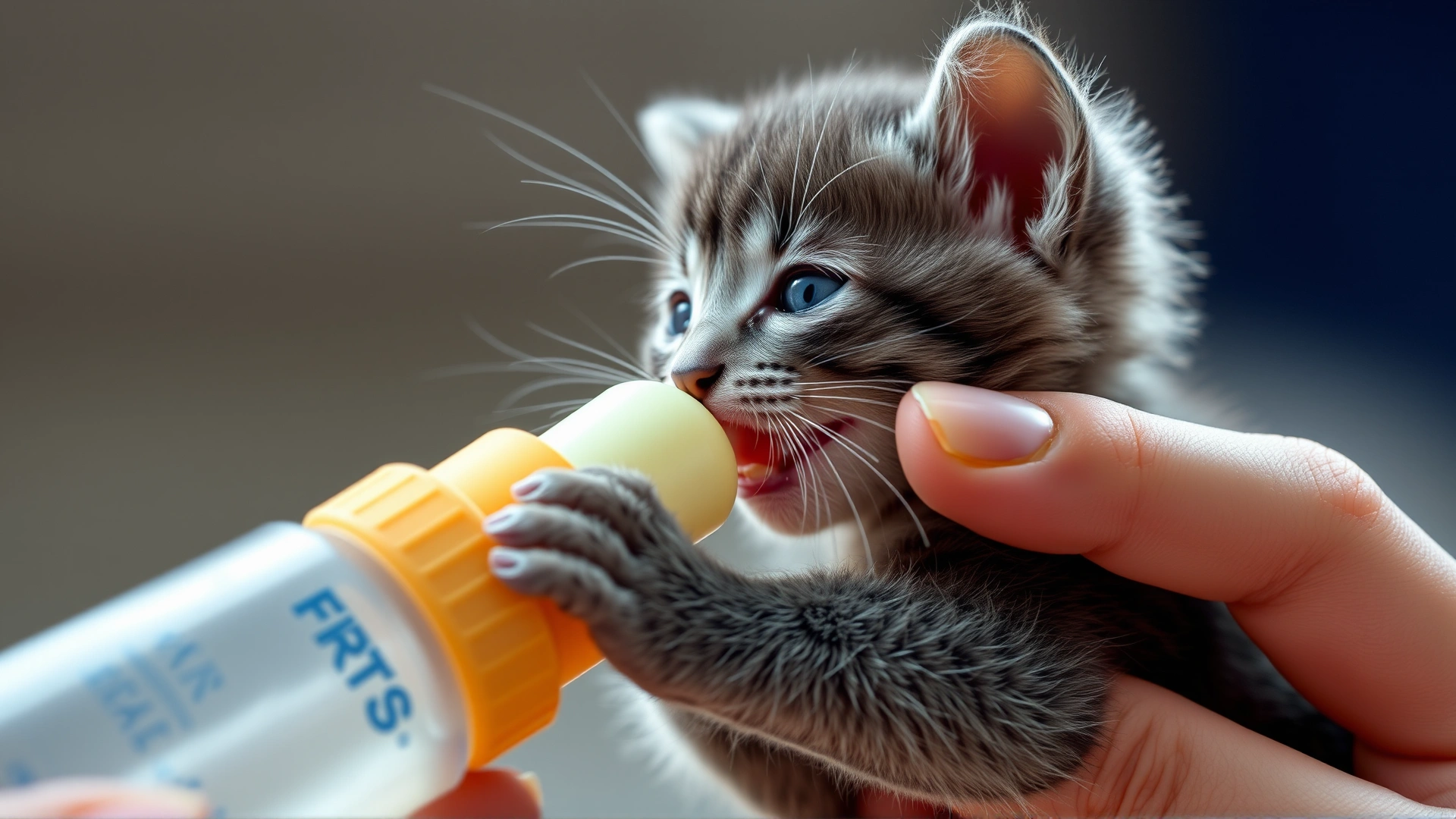 Close-up of a human hand gently feeding a tiny gray kitten with a specialized kitten bottle, background softly blurred.