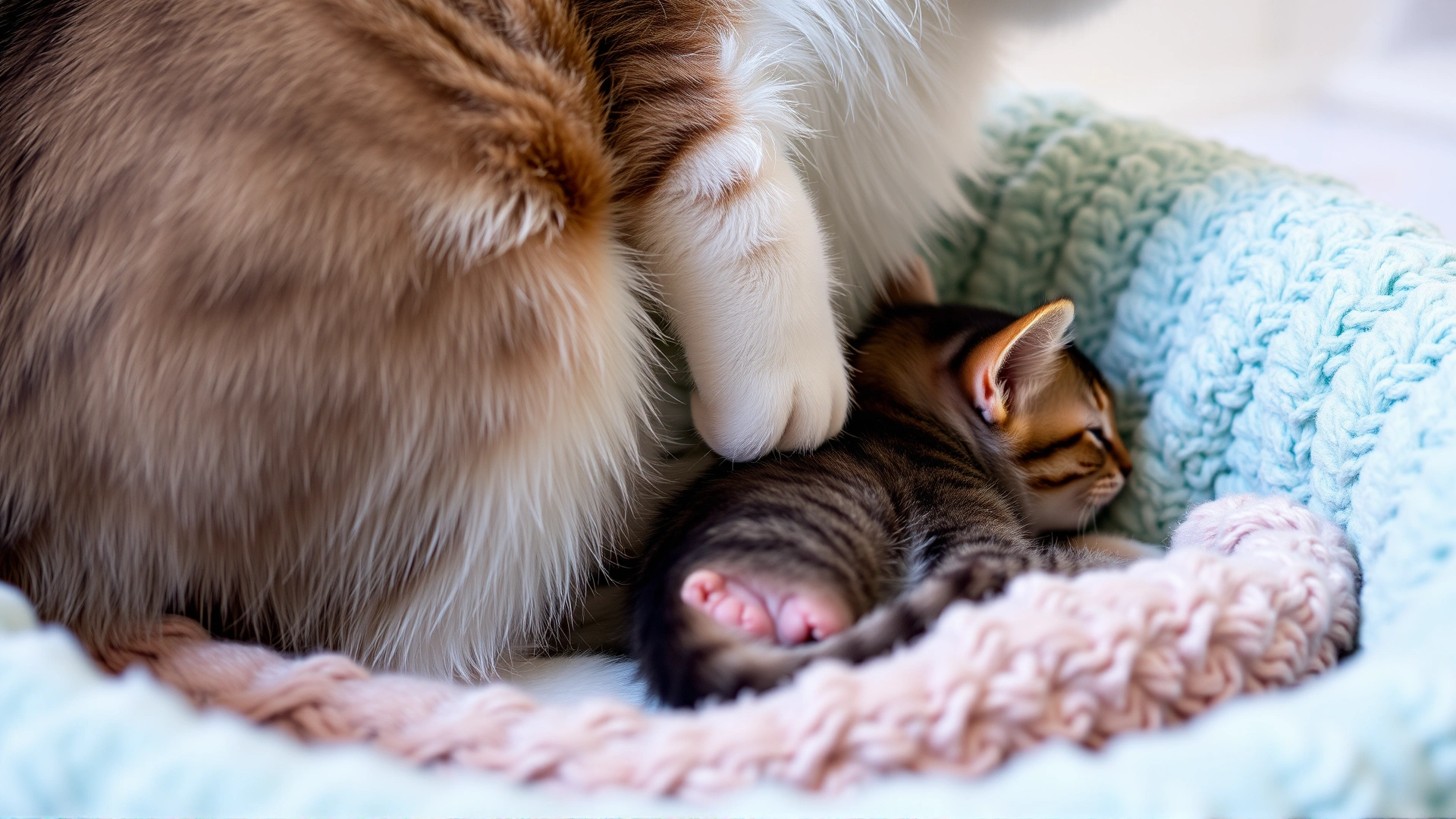 Mother cat grooming a small kitten, focusing on the hindquarters, inside a soft blanket nest